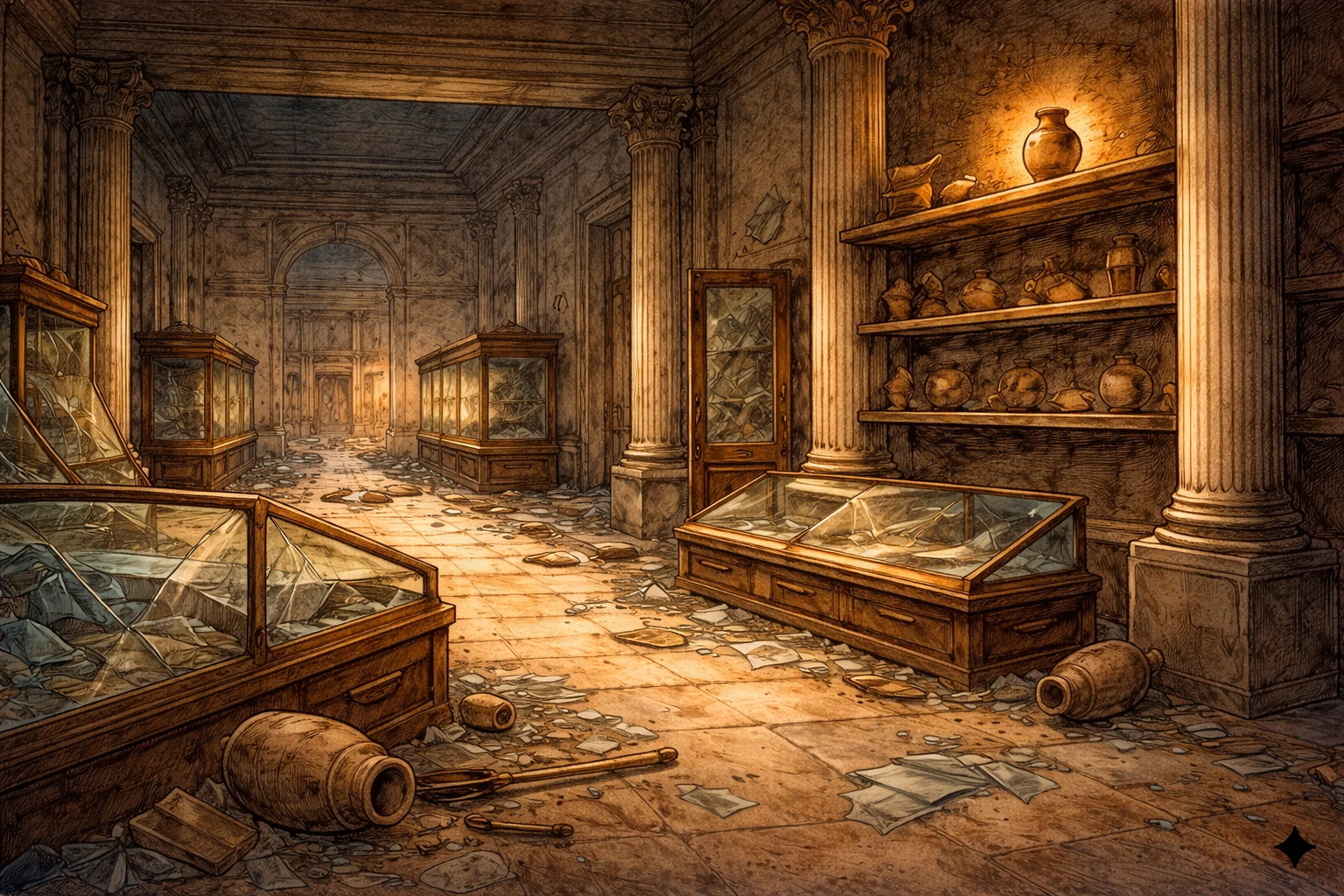 The Iraq Museum interior with empty display cases after looting