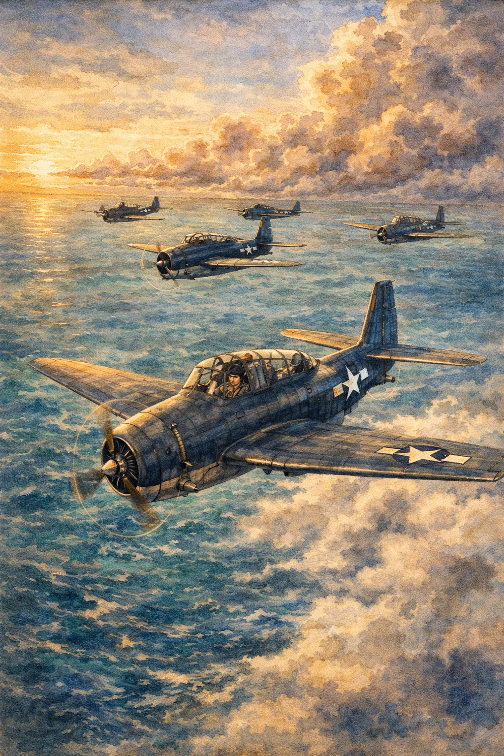 Five Navy torpedo bombers flying in formation over the ocean