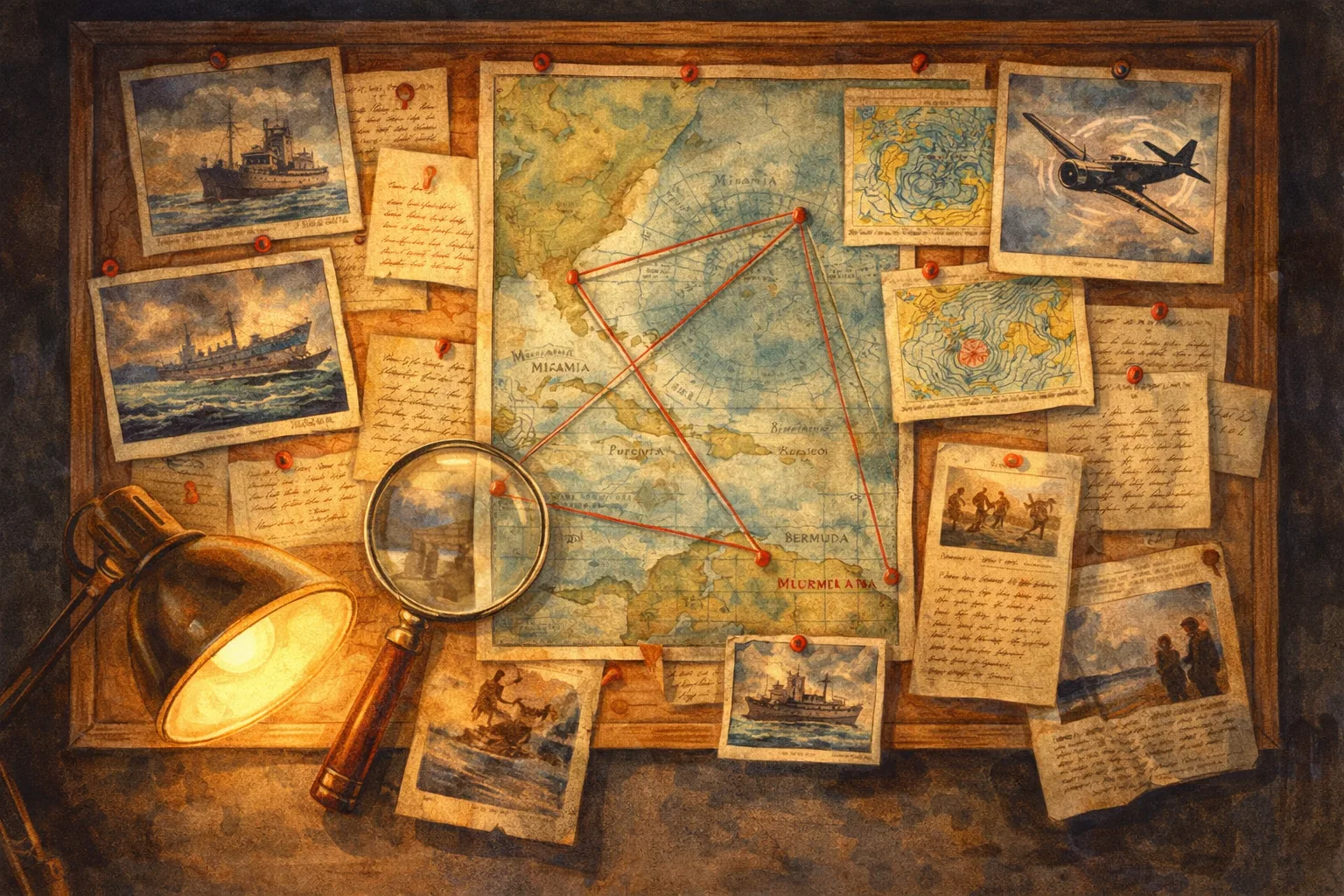 A detective evidence board with Bermuda Triangle incidents
