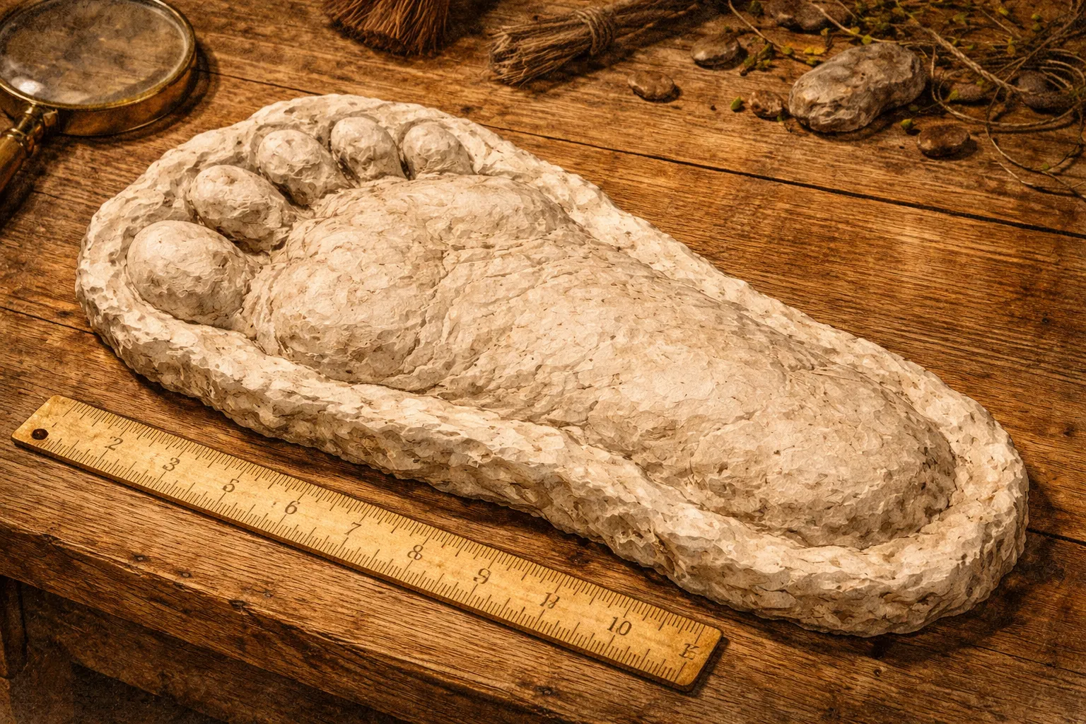 A plaster cast of a large humanoid footprint found at Bluff Creek