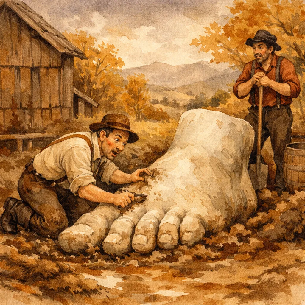 Two workers uncovering a massive stone foot in the earth