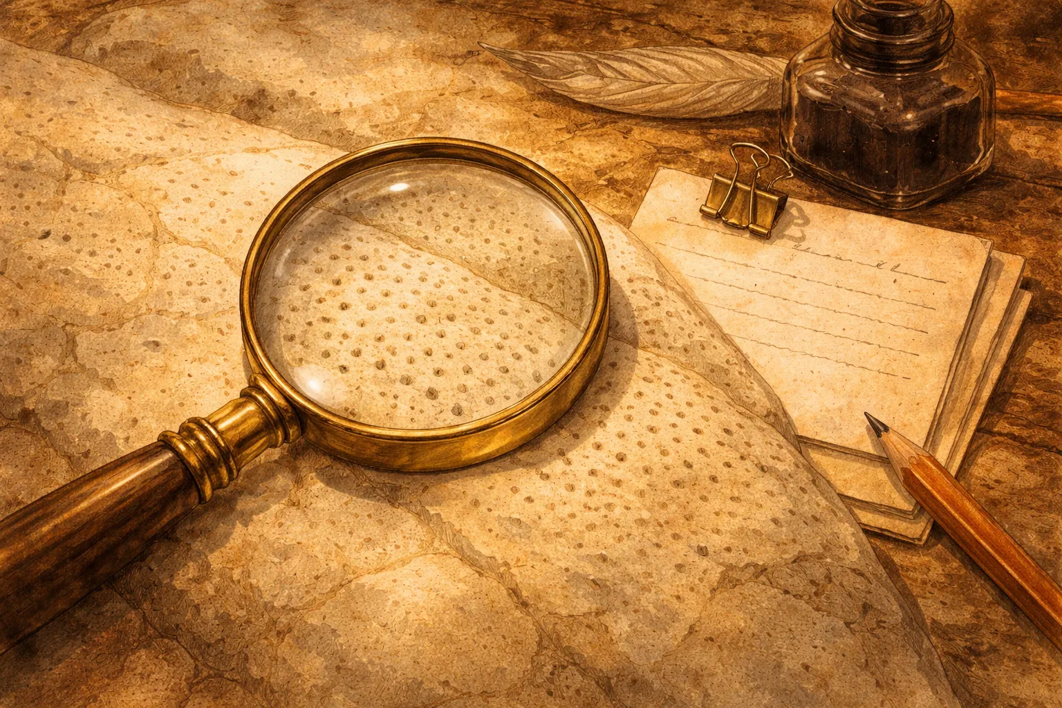 Close-up of stone surface showing tool marks and needle-prick holes