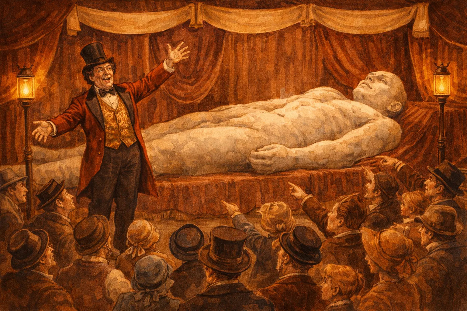 A showman in a top hat presenting a stone giant to an excited crowd