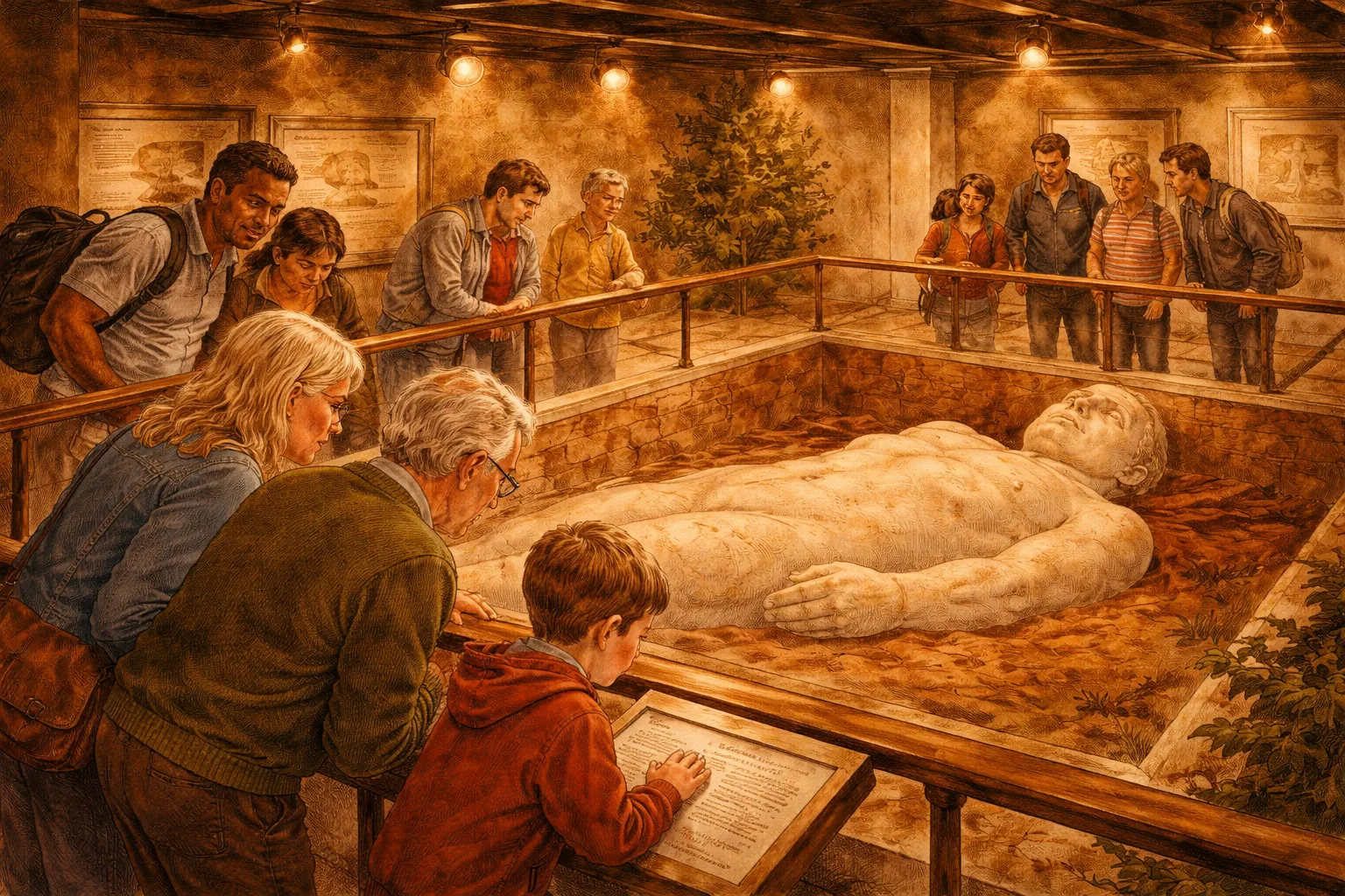 The Cardiff Giant on display in a museum, visitors looking at it
