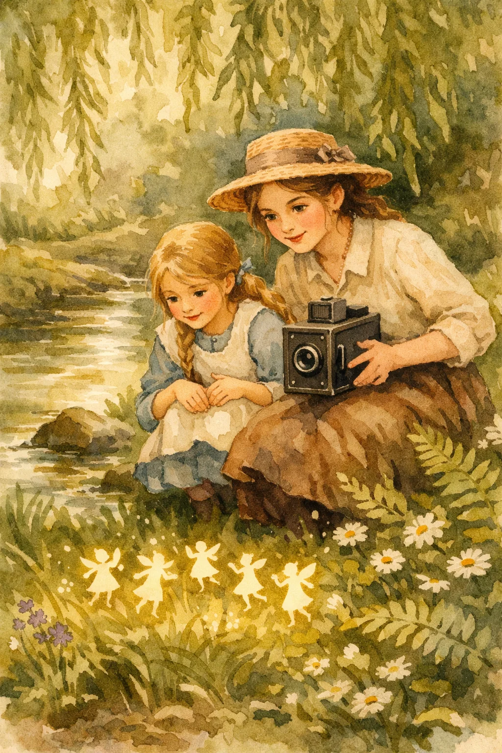 Two girls by a stream with fairy figures dancing in front of them