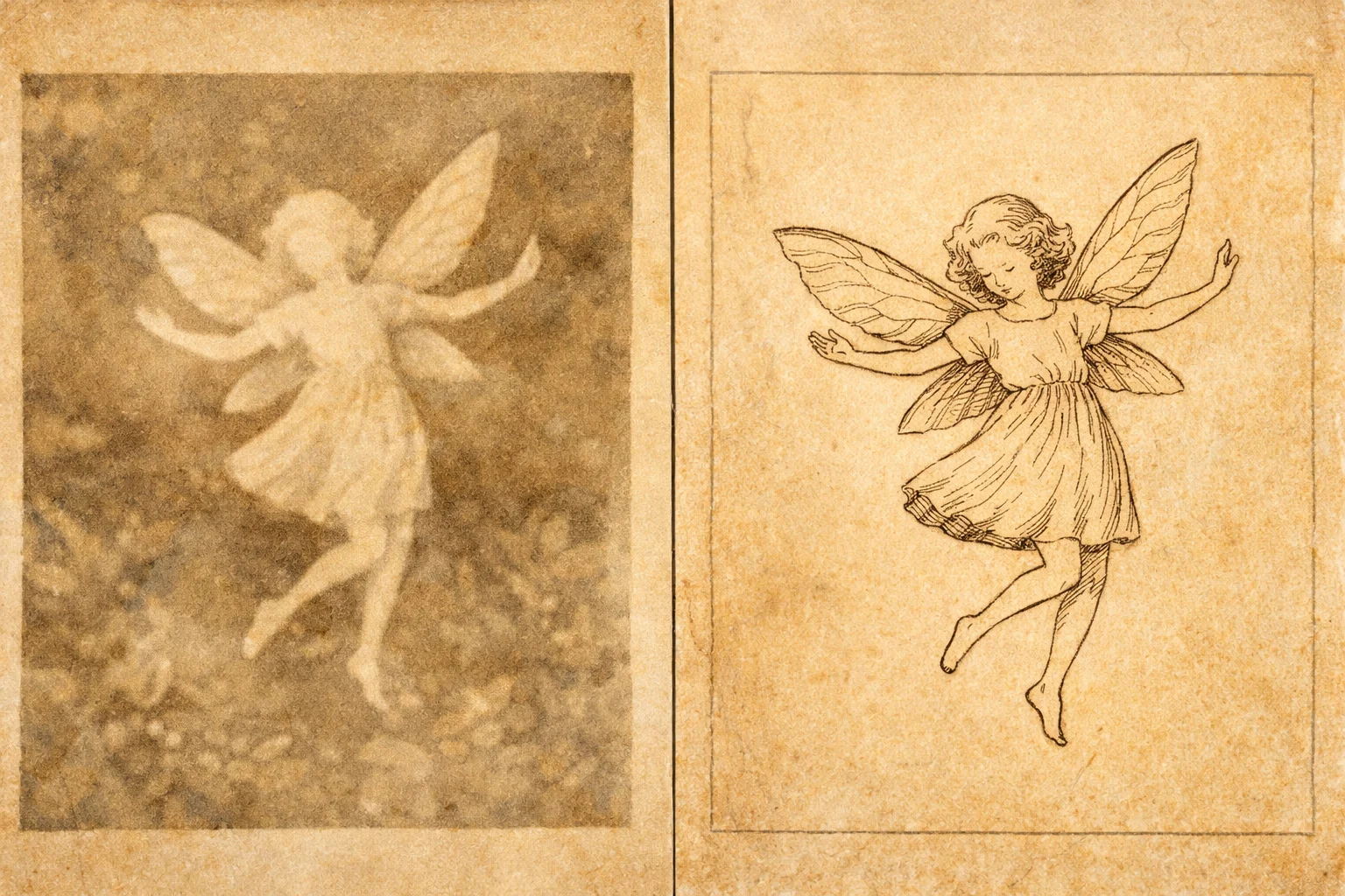 Side-by-side comparison of a fairy from the photographs and from the children's book