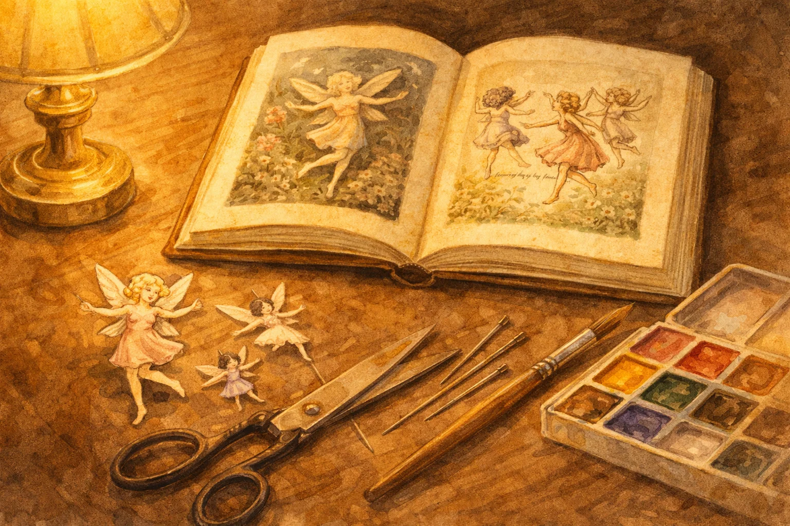 An open children's book with fairy illustrations, scissors, and paper cutouts on a table