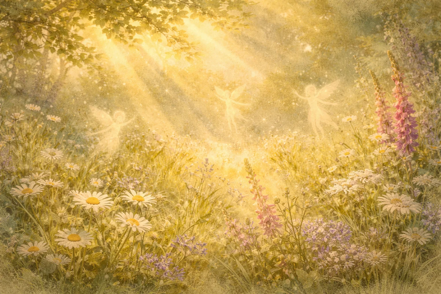 Ethereal garden scene with faint fairy-like shapes among wildflowers