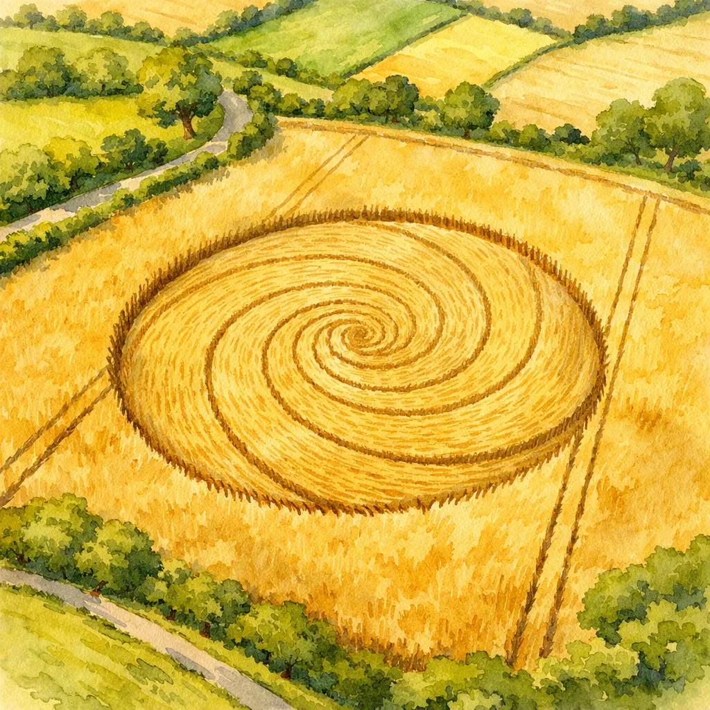 An aerial view of a perfectly circular crop circle in a golden wheat field