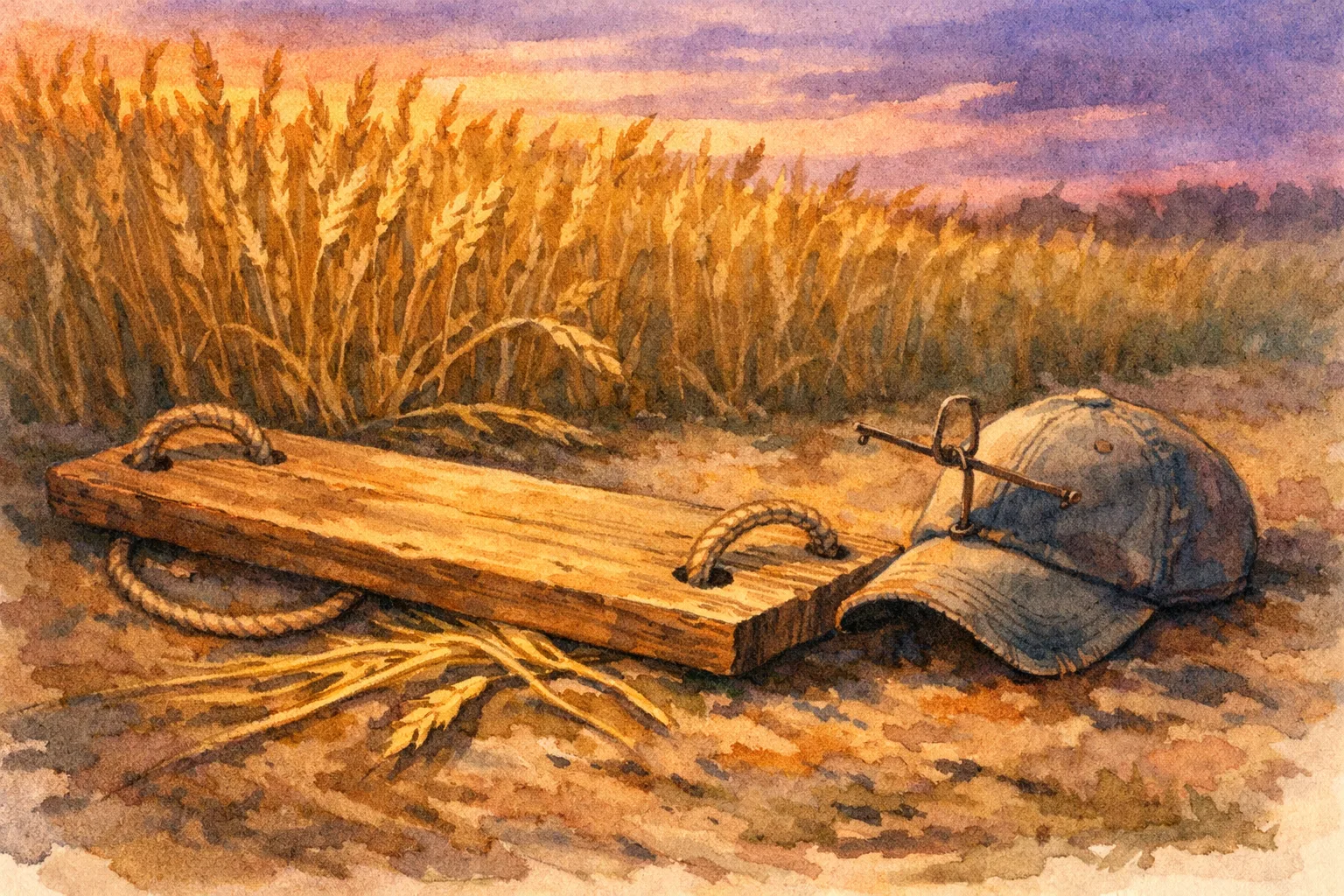 A simple wooden plank with rope handles lying in a wheat field — the stomper board
