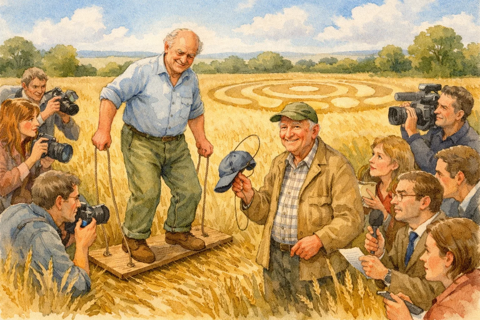 Doug Bower and Dave Chorley demonstrating crop circle making for journalists in 1991