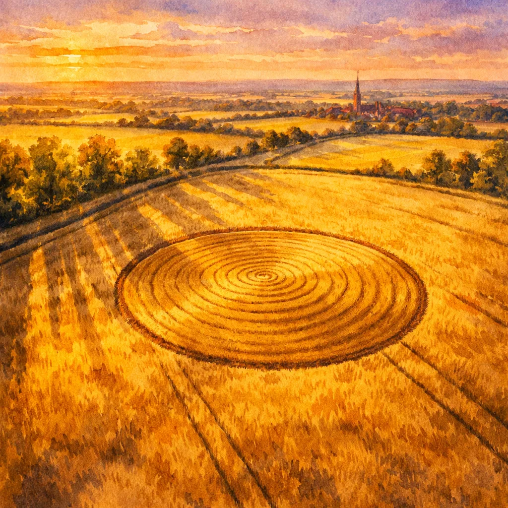 An aerial view of a crop circle at golden hour with long shadows across a wheat field