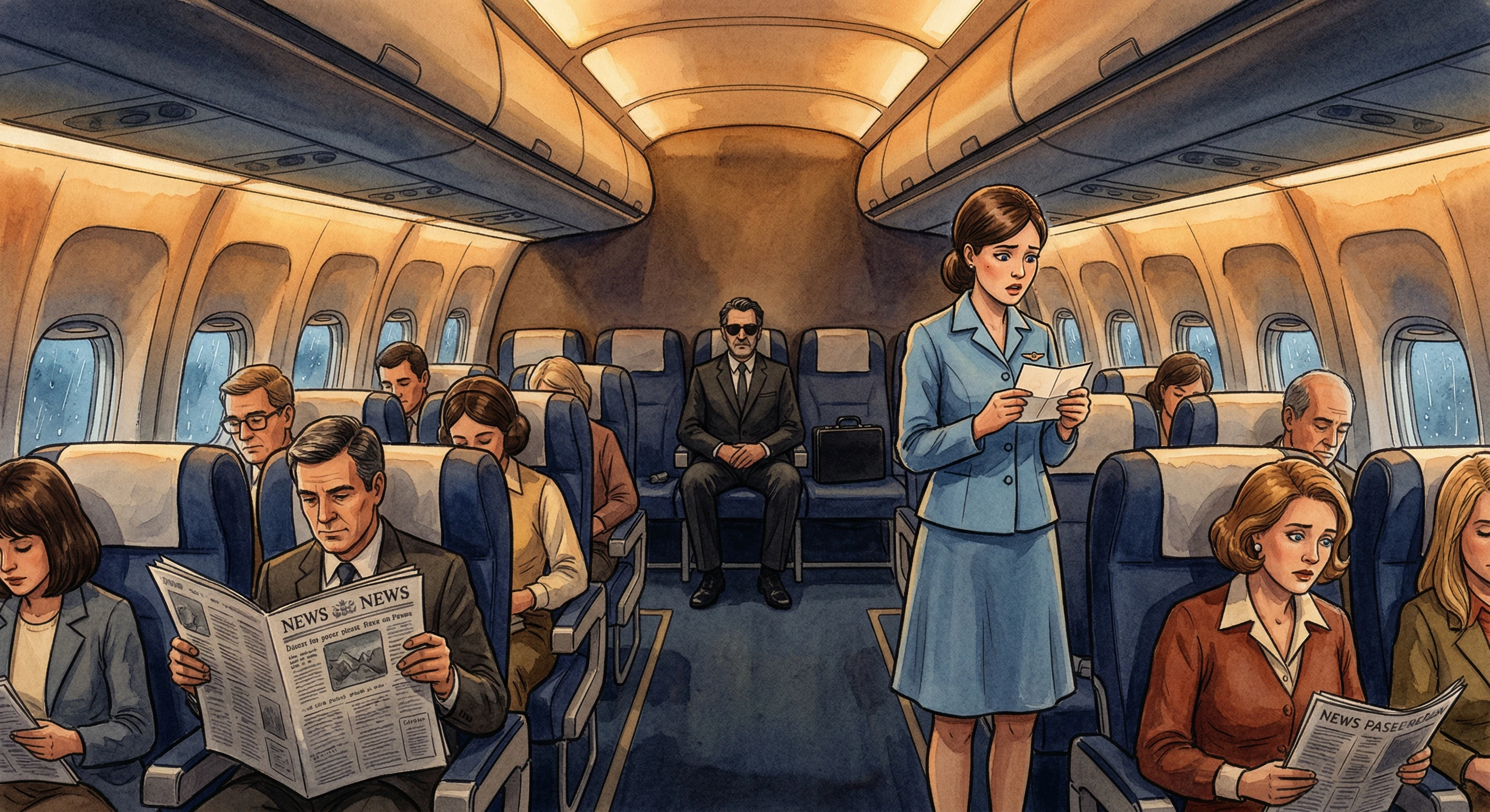 A flight attendant reading a handwritten note on an airplane