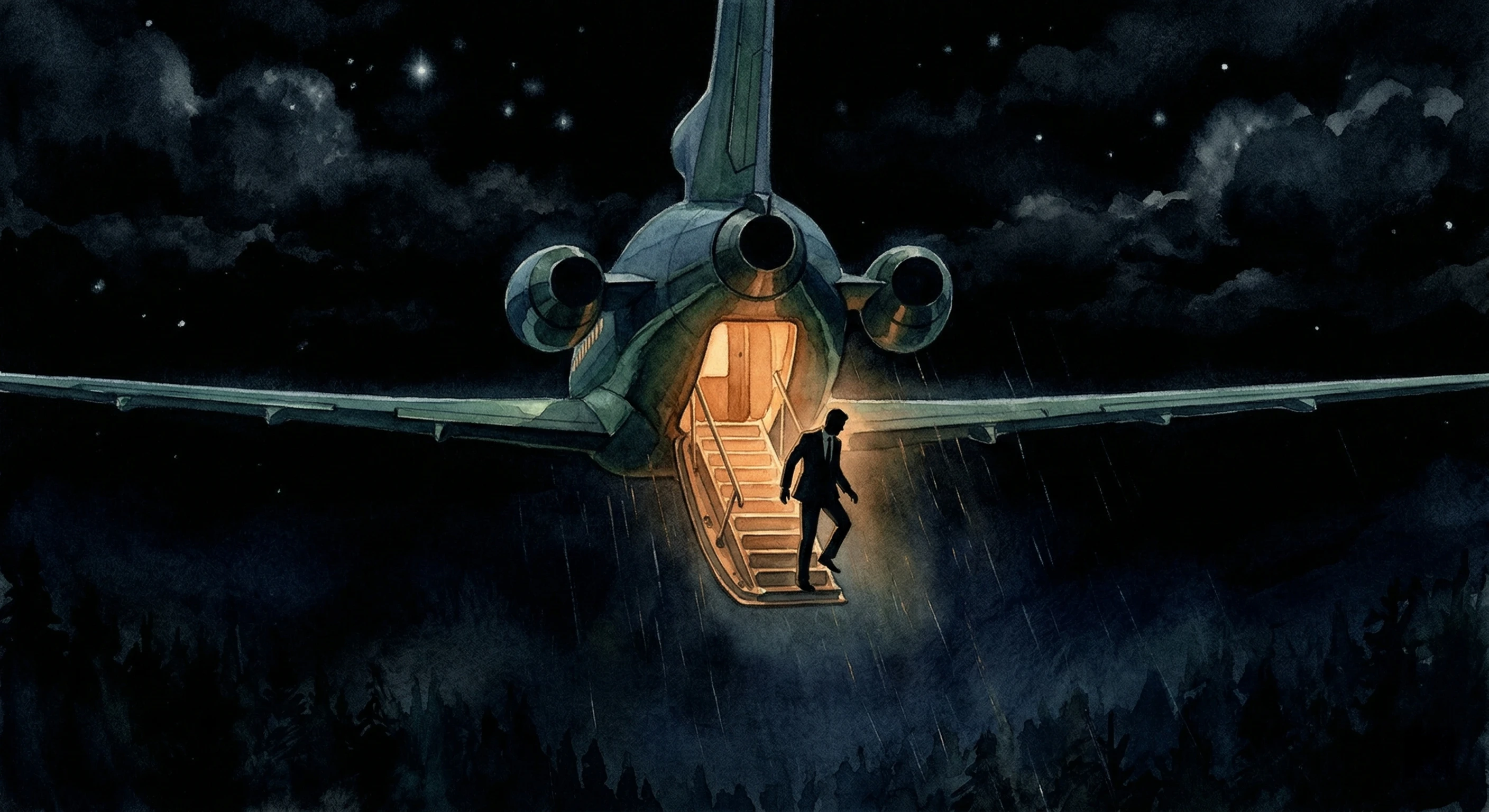 A vast dark forest of fir trees seen from above, mist rolling between the trees