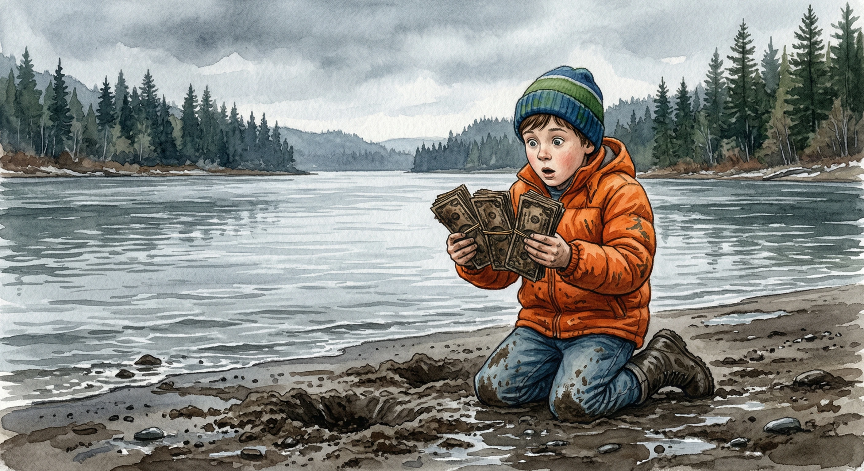 A young boy holding deteriorated banknotes on a muddy riverbank