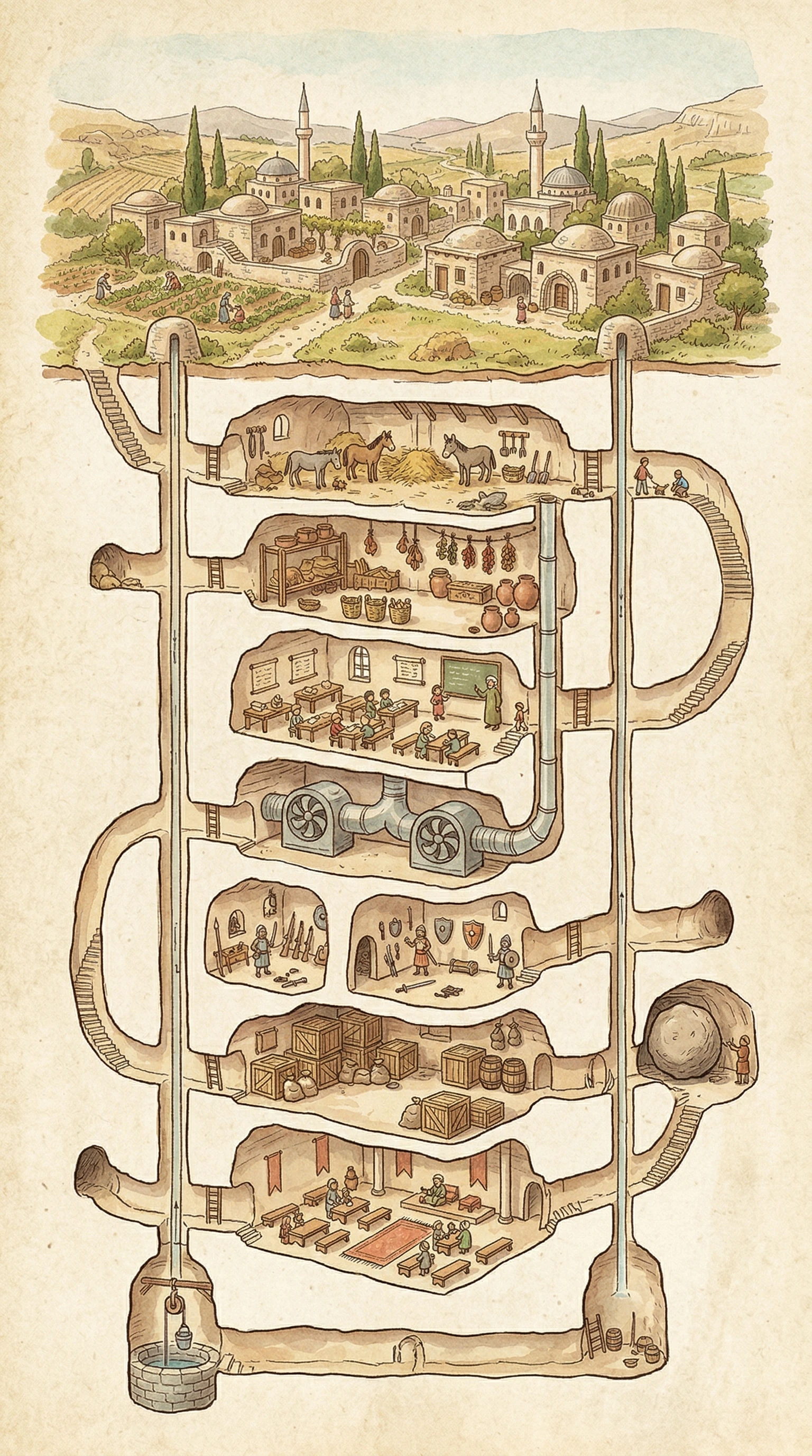 Cross-section illustration of Derinkuyu's underground levels