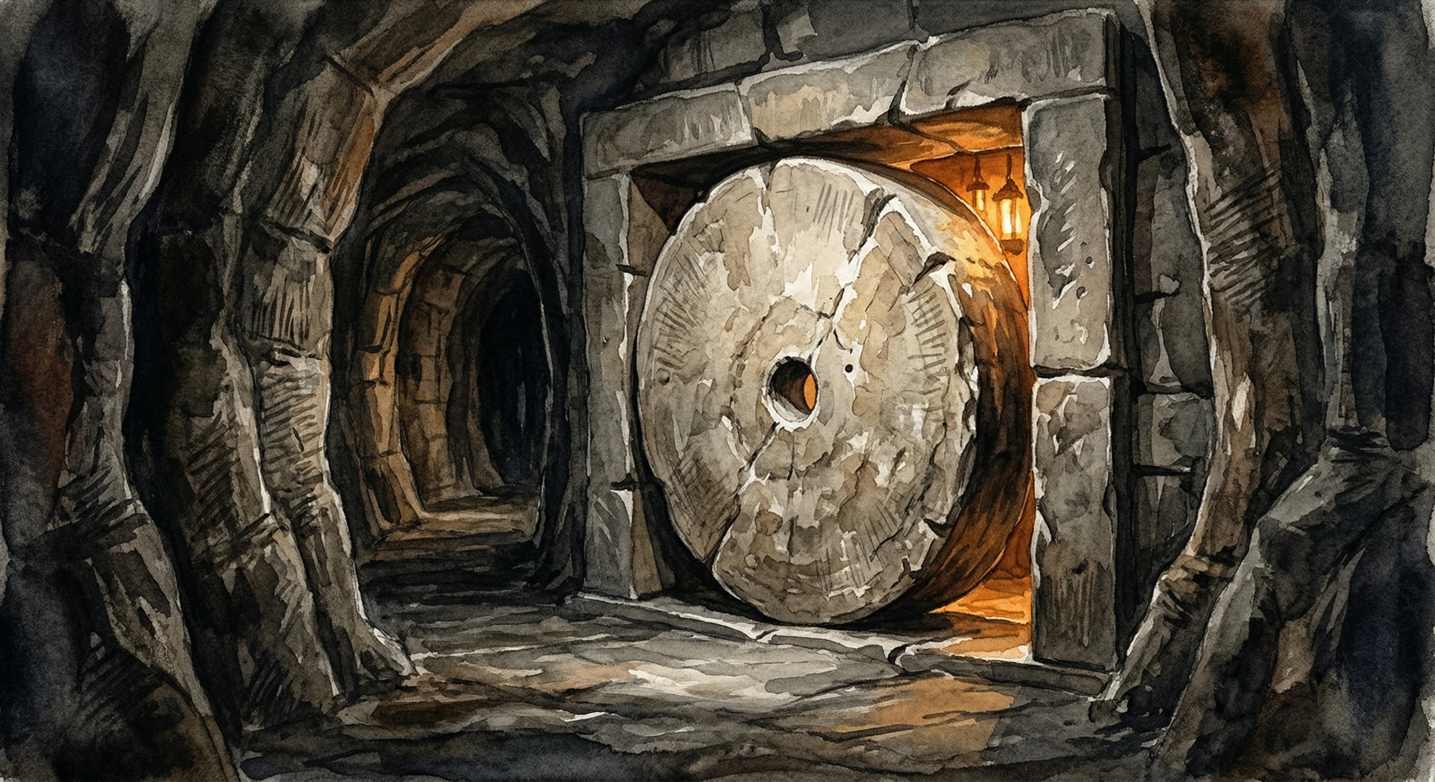 A massive circular rolling stone door blocking an underground passage