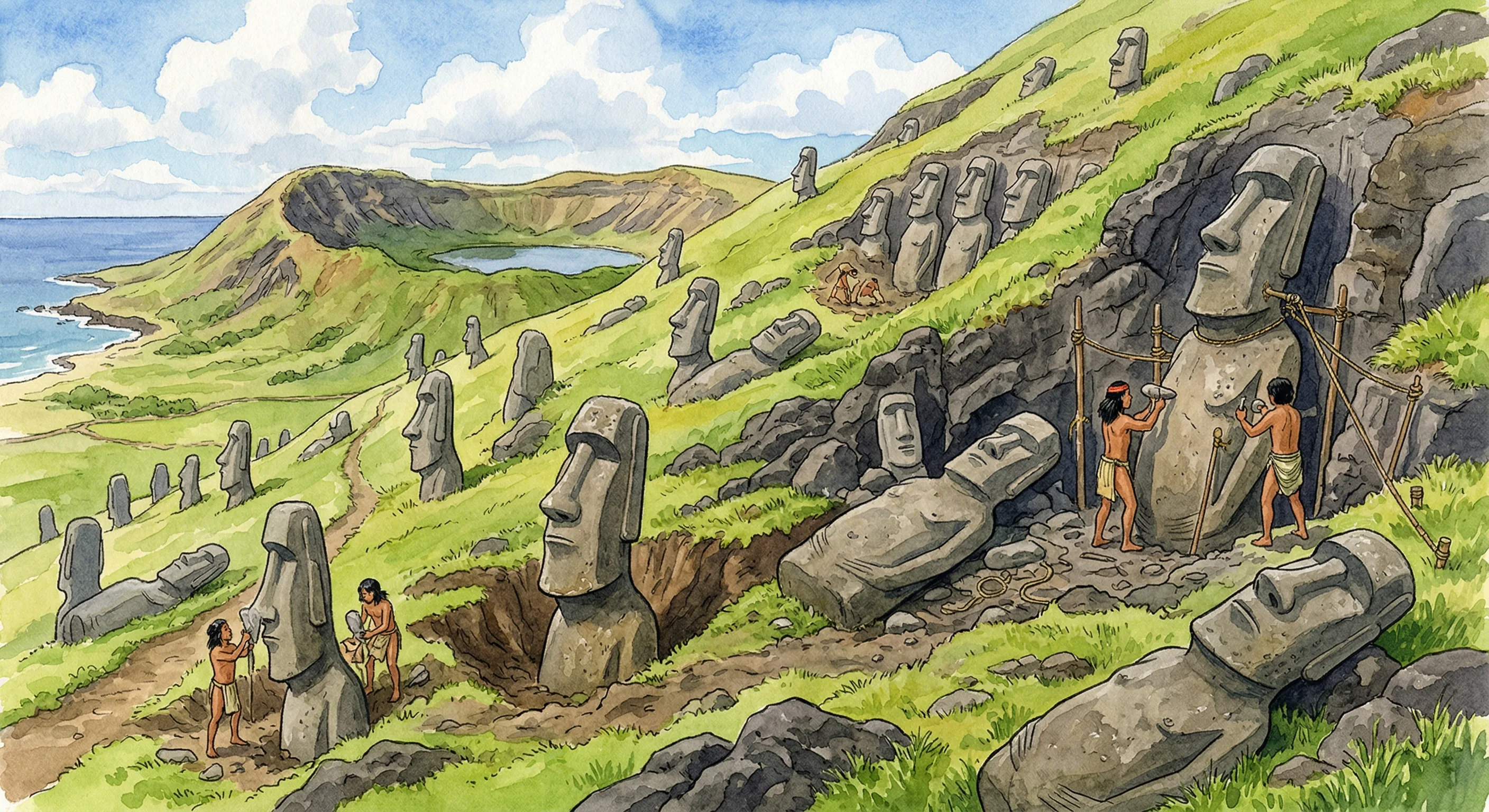 The Rano Raraku quarry with moai statues in various stages of carving