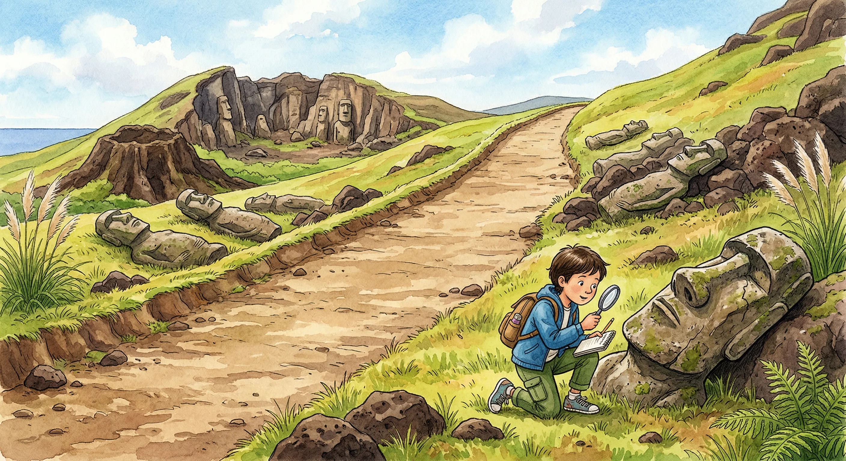 Fallen moai statues along an ancient road on Easter Island