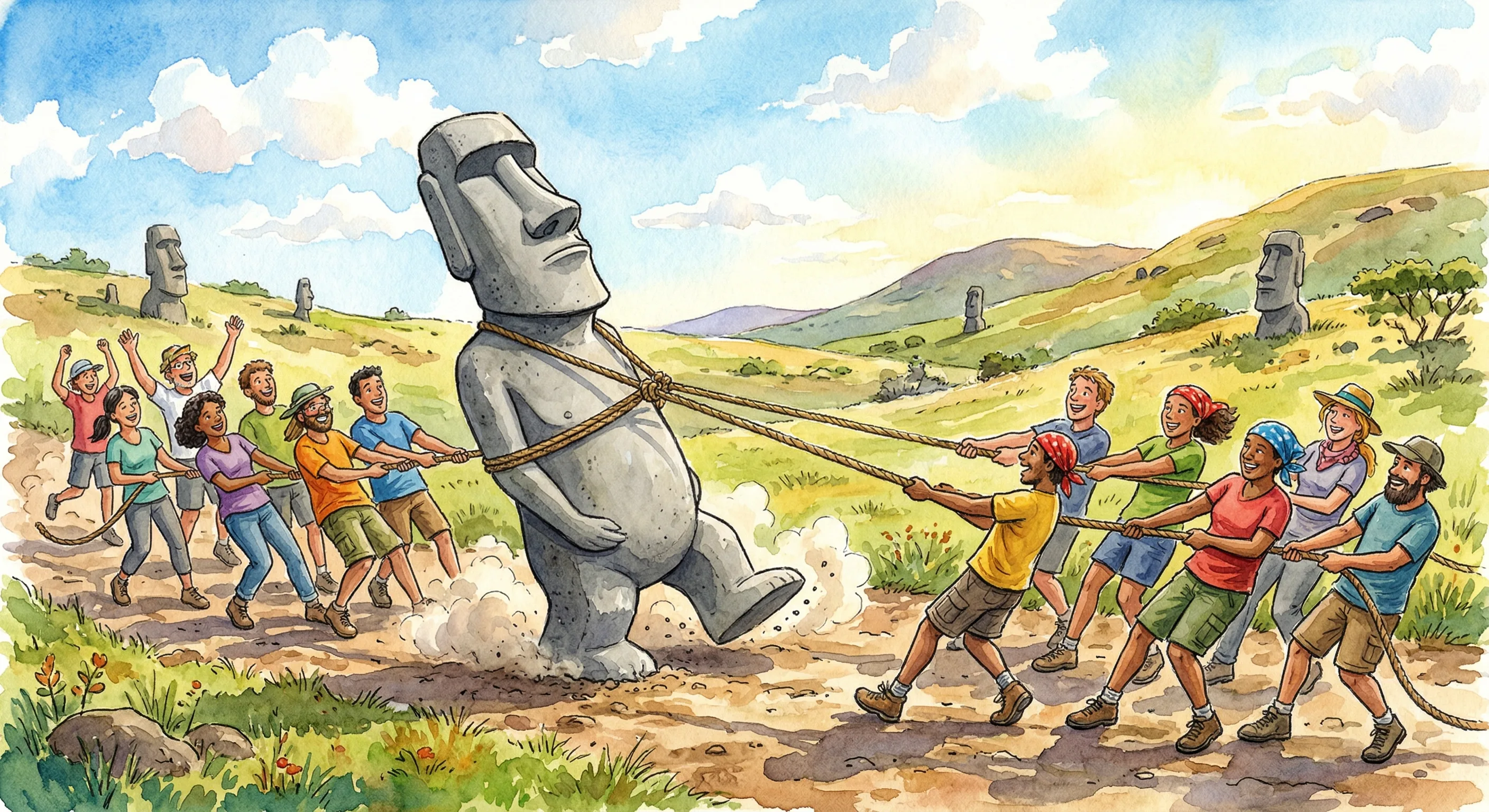 A team of 18 people using ropes to walk a replica moai statue