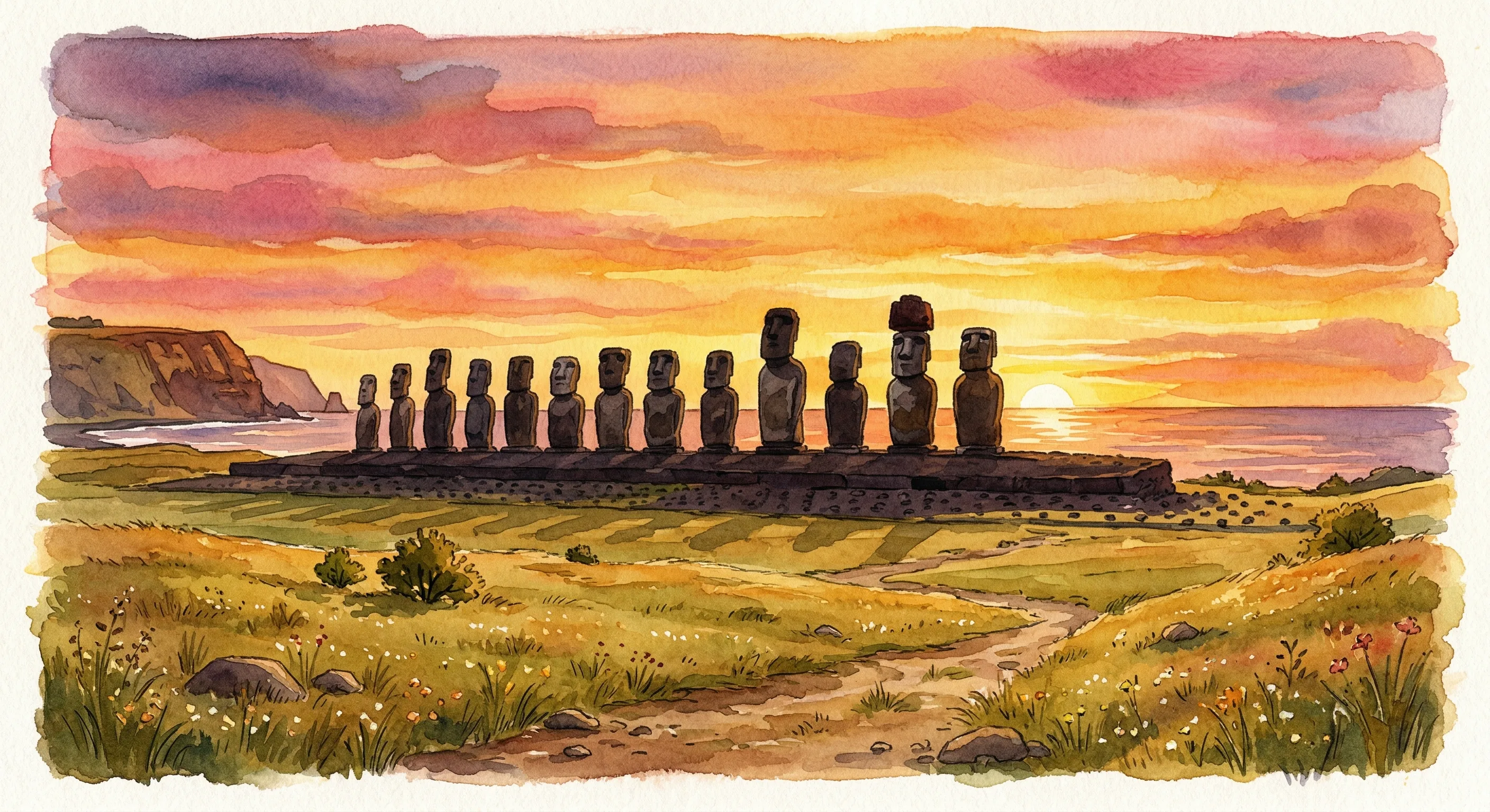 Row of moai statues silhouetted against a sunset on Easter Island