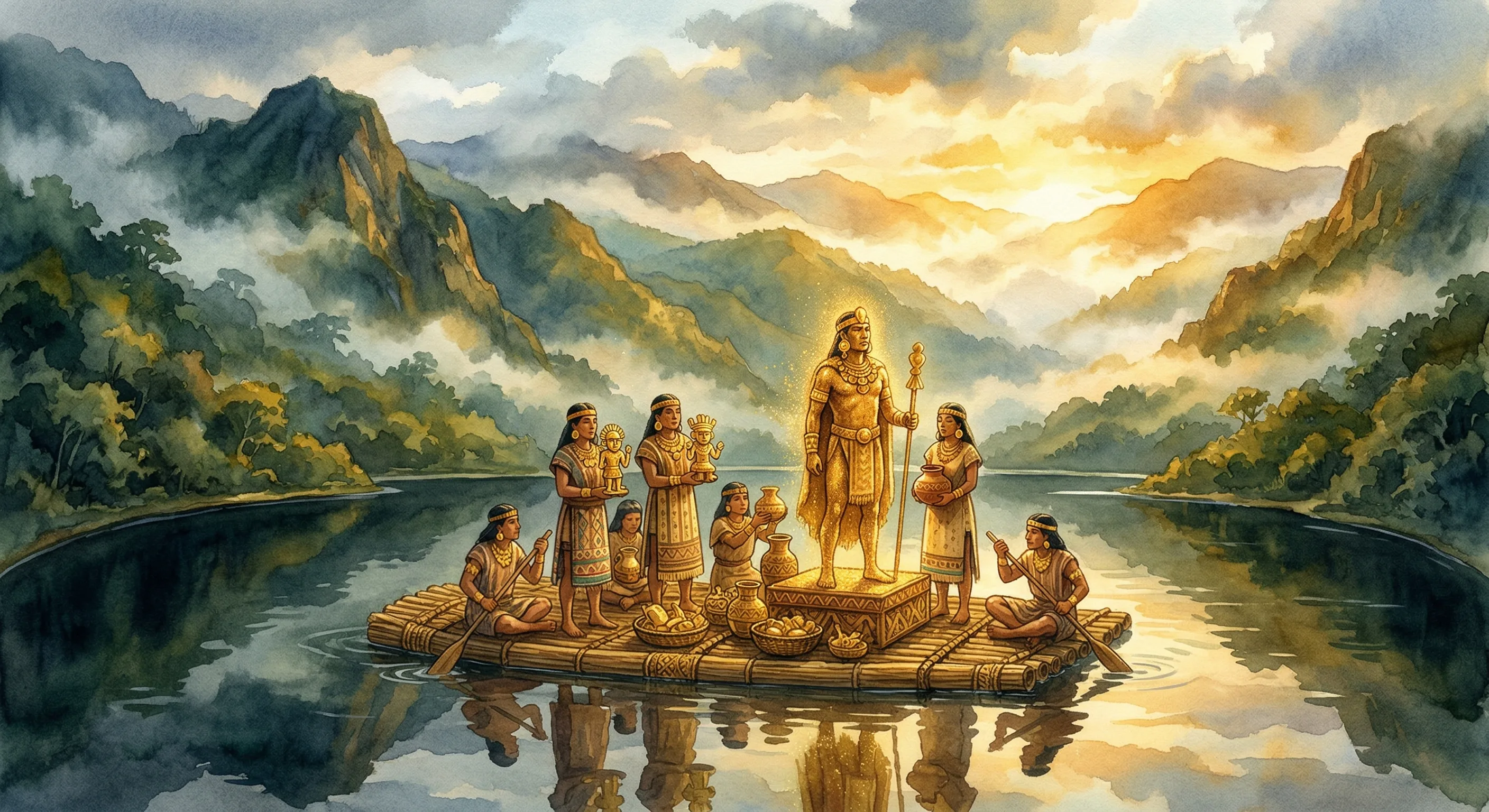 A chief covered in gold dust on a raft at dawn on Lake Guatavita