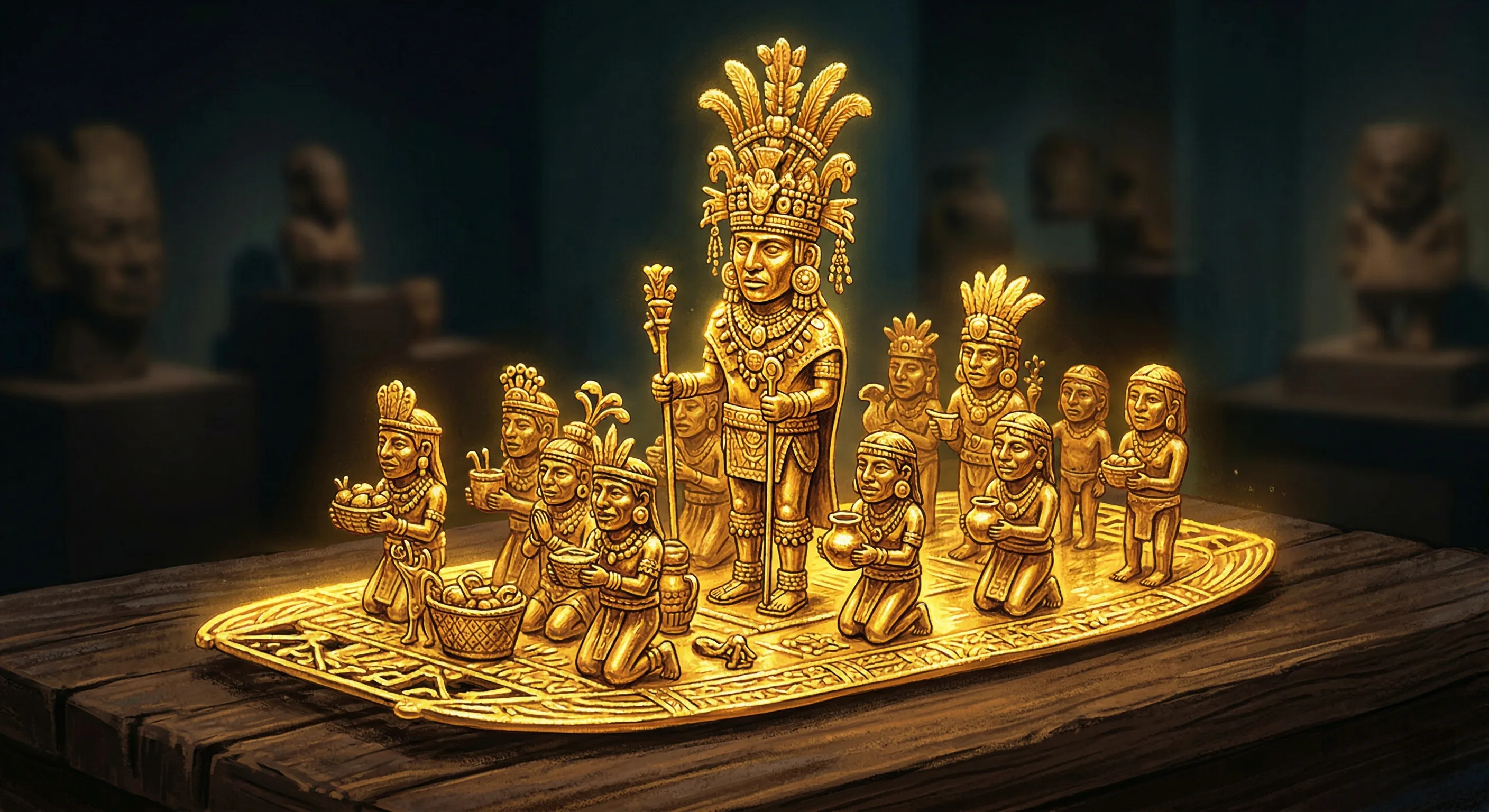 The golden Muisca Raft sculpture showing a chief and attendants on a boat
