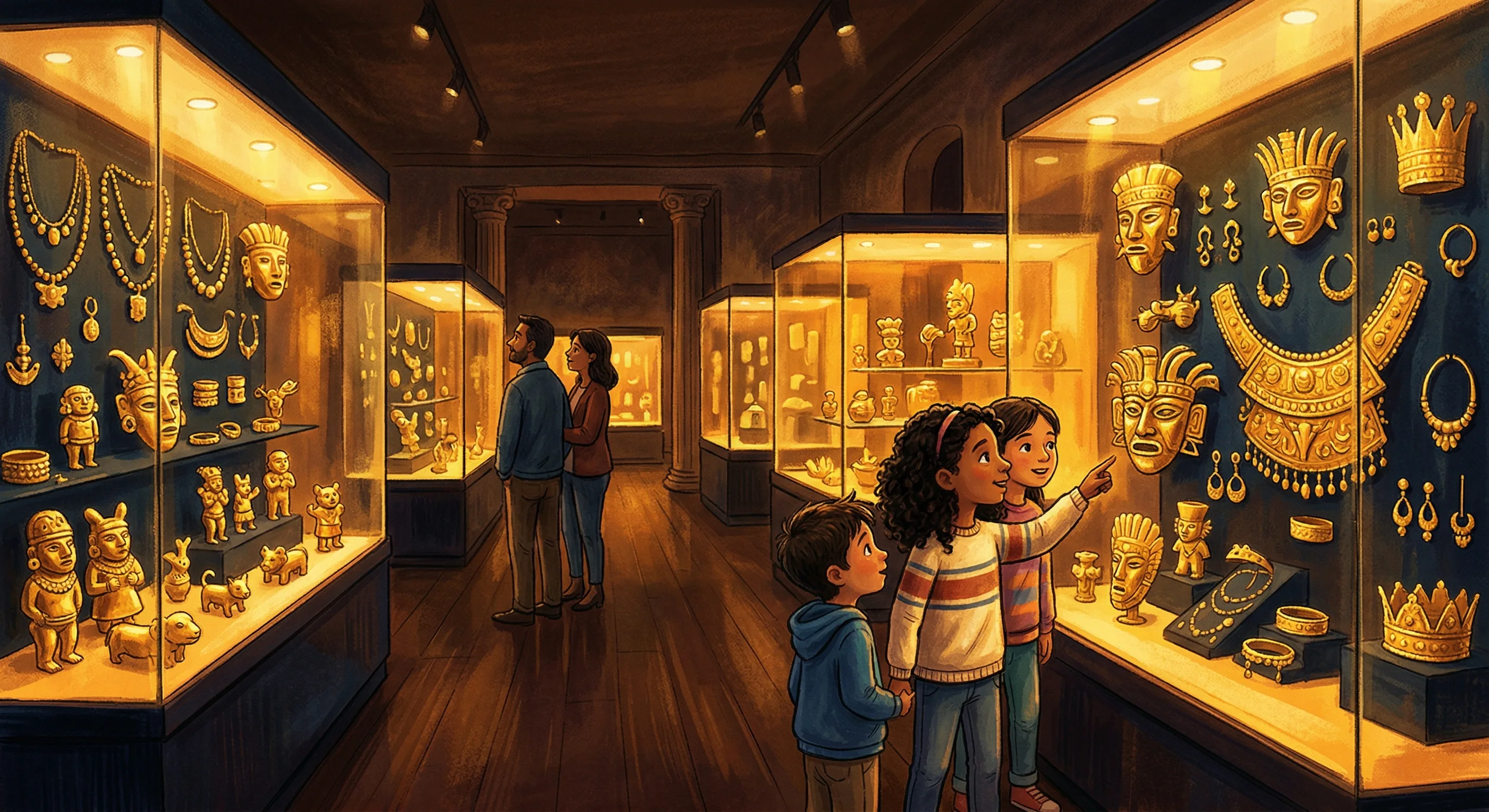 Golden Muisca artefacts glowing in display cases at the Museo del Oro