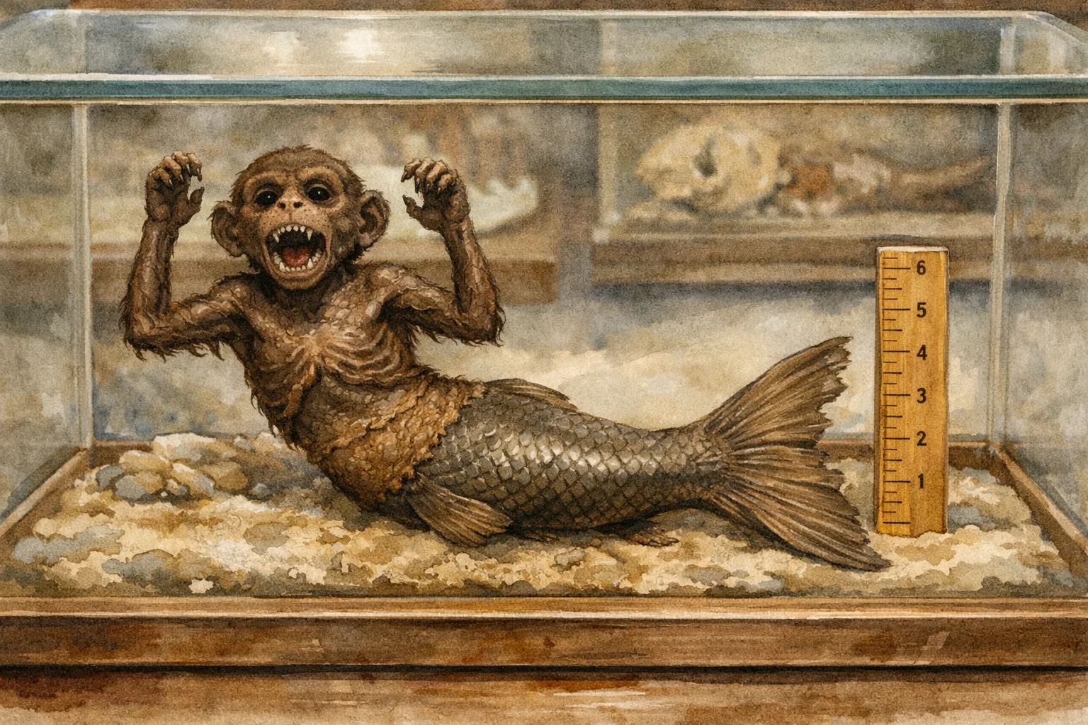 A small dried creature with a monkey torso and fish tail in a glass display case