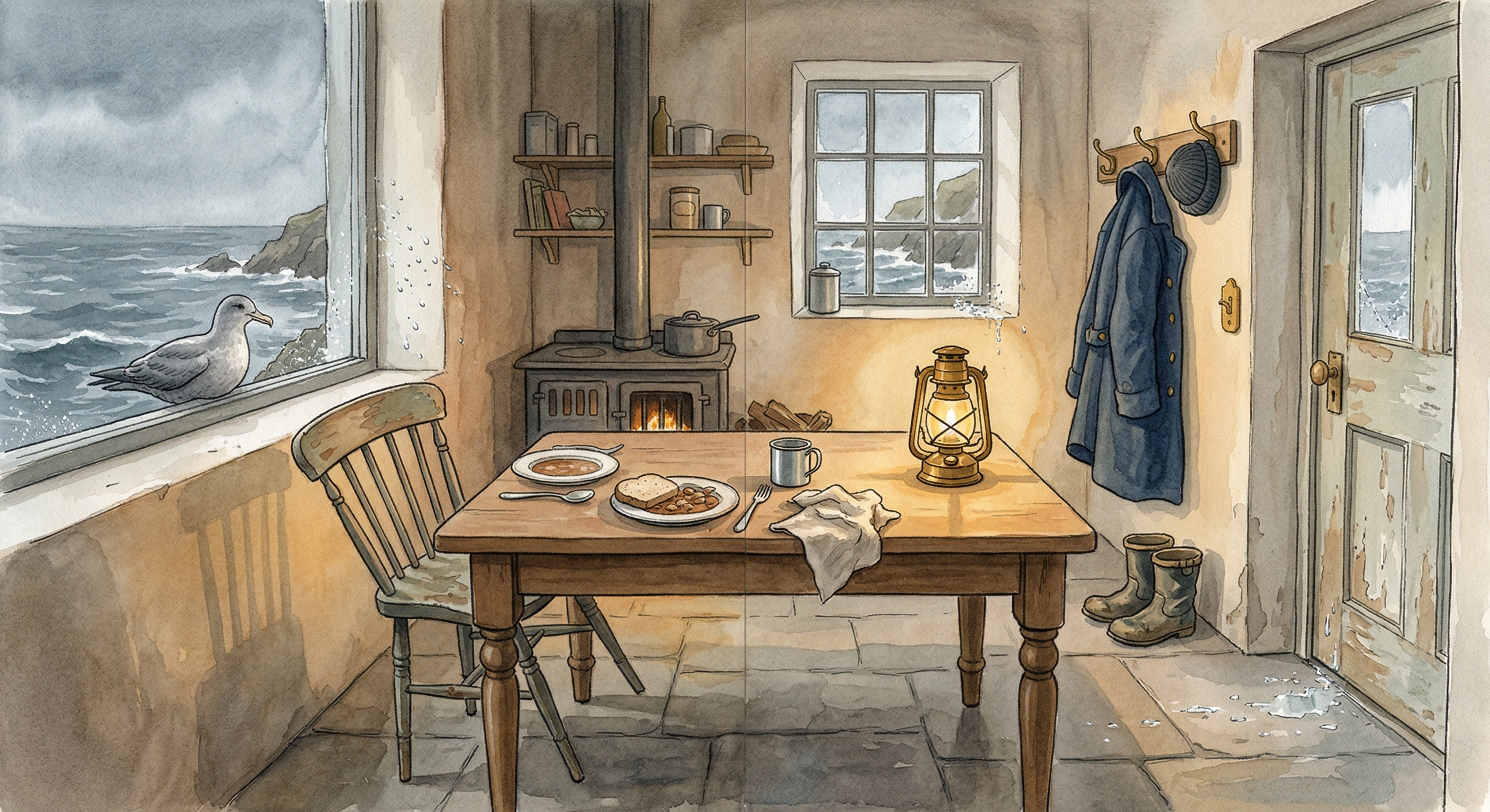 The tidy interior of the lighthouse — beds made, clock wound, an uneaten meal on the table