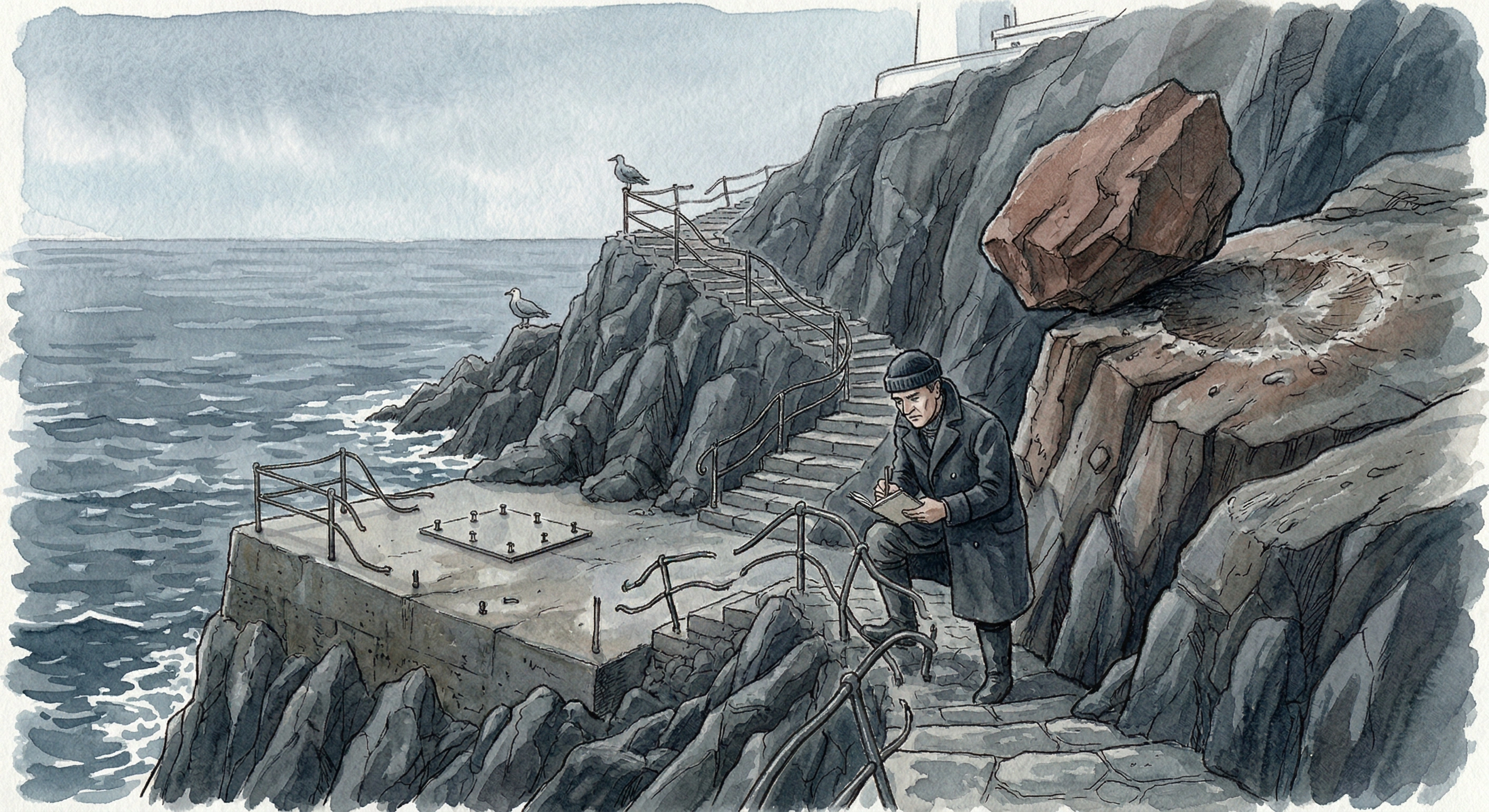 An investigator examining oilskin coats hanging by a lighthouse door