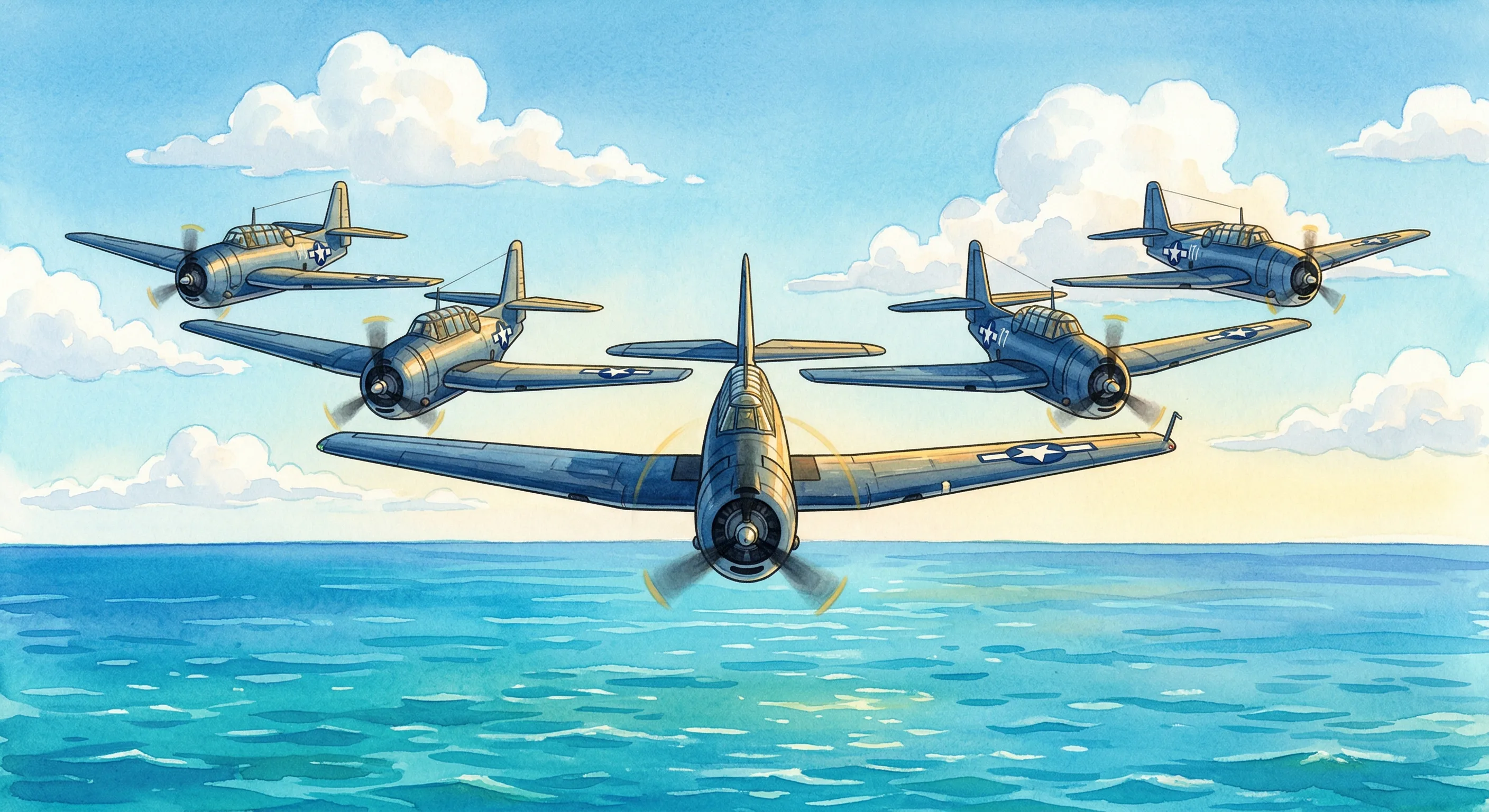Five TBM Avenger torpedo bombers flying in tight V-formation above a brilliant blue ocean