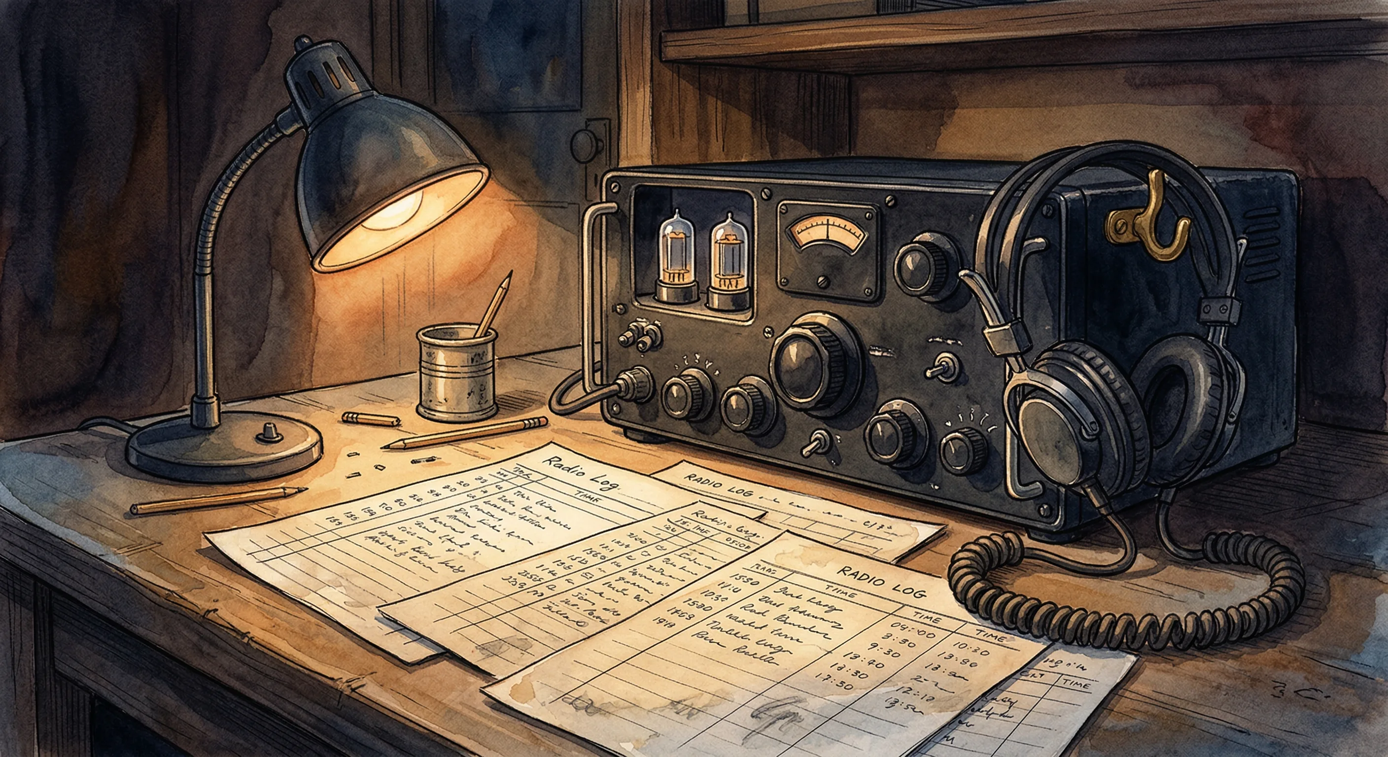 1945 naval radio equipment and handwritten radio log sheets at a dimly lit desk