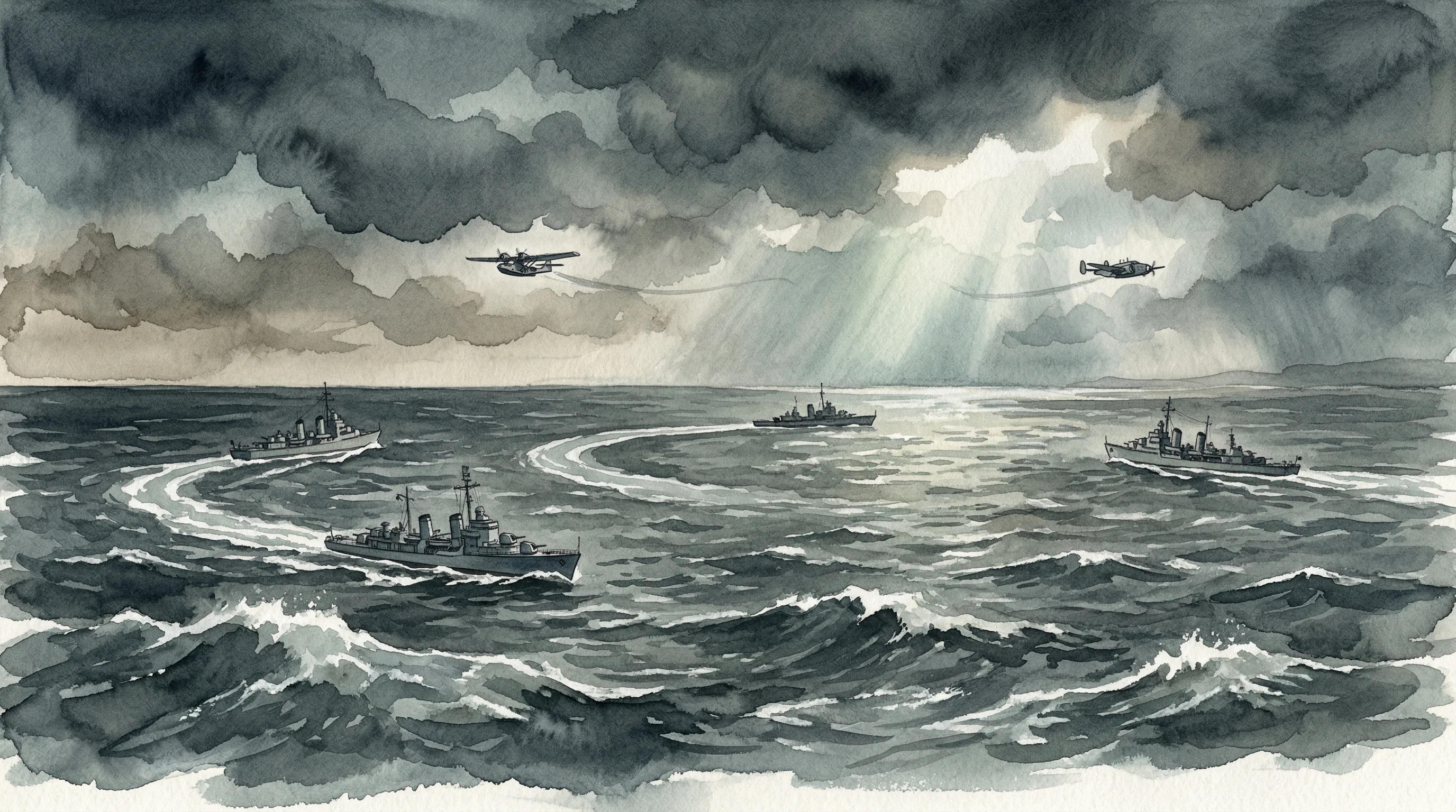Multiple Navy ships and aircraft spread across a stormy grey-blue ocean searching in formation