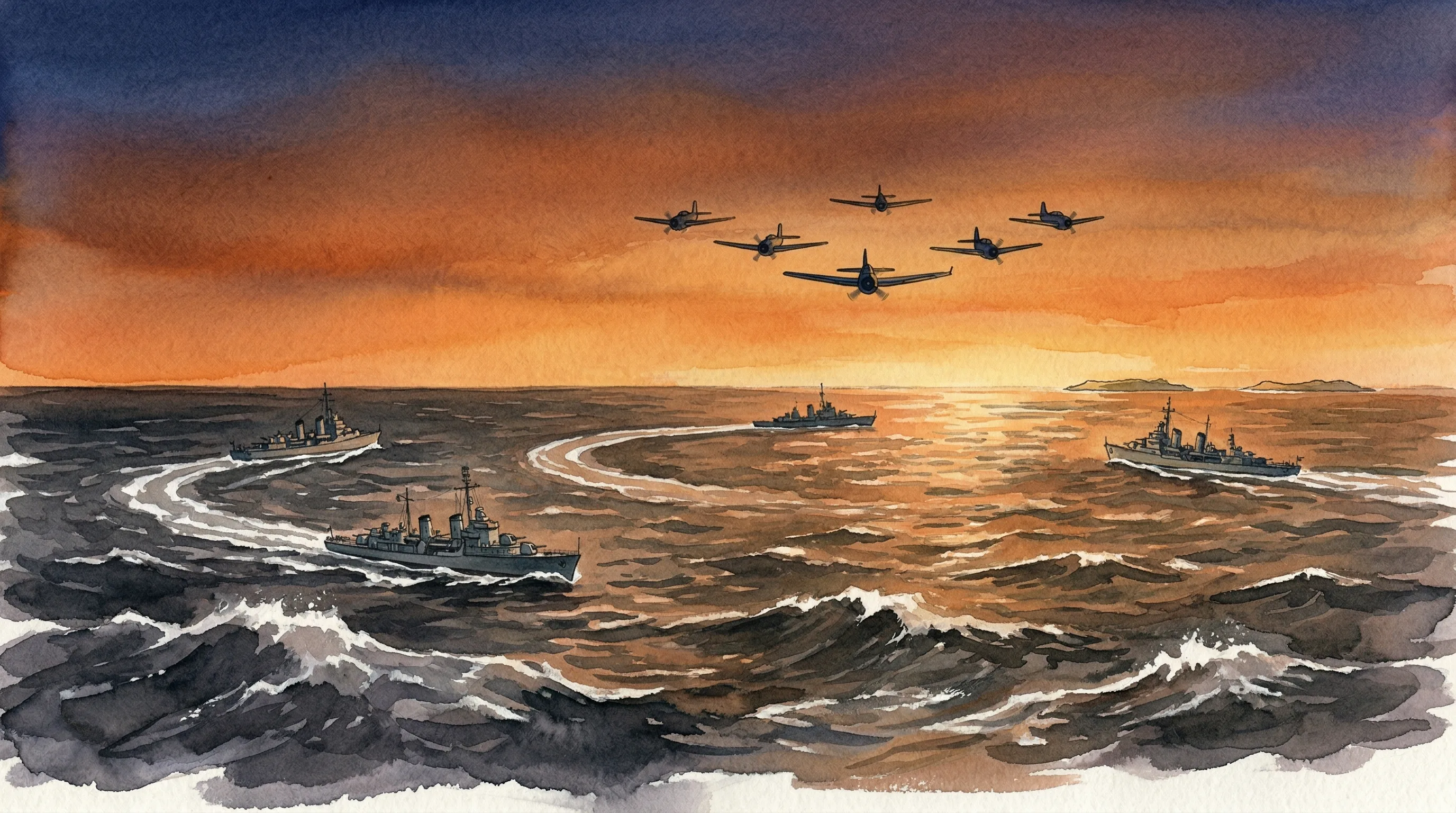 Five TBM Avenger silhouettes flying into a dramatic sunset sky over a darkening ocean