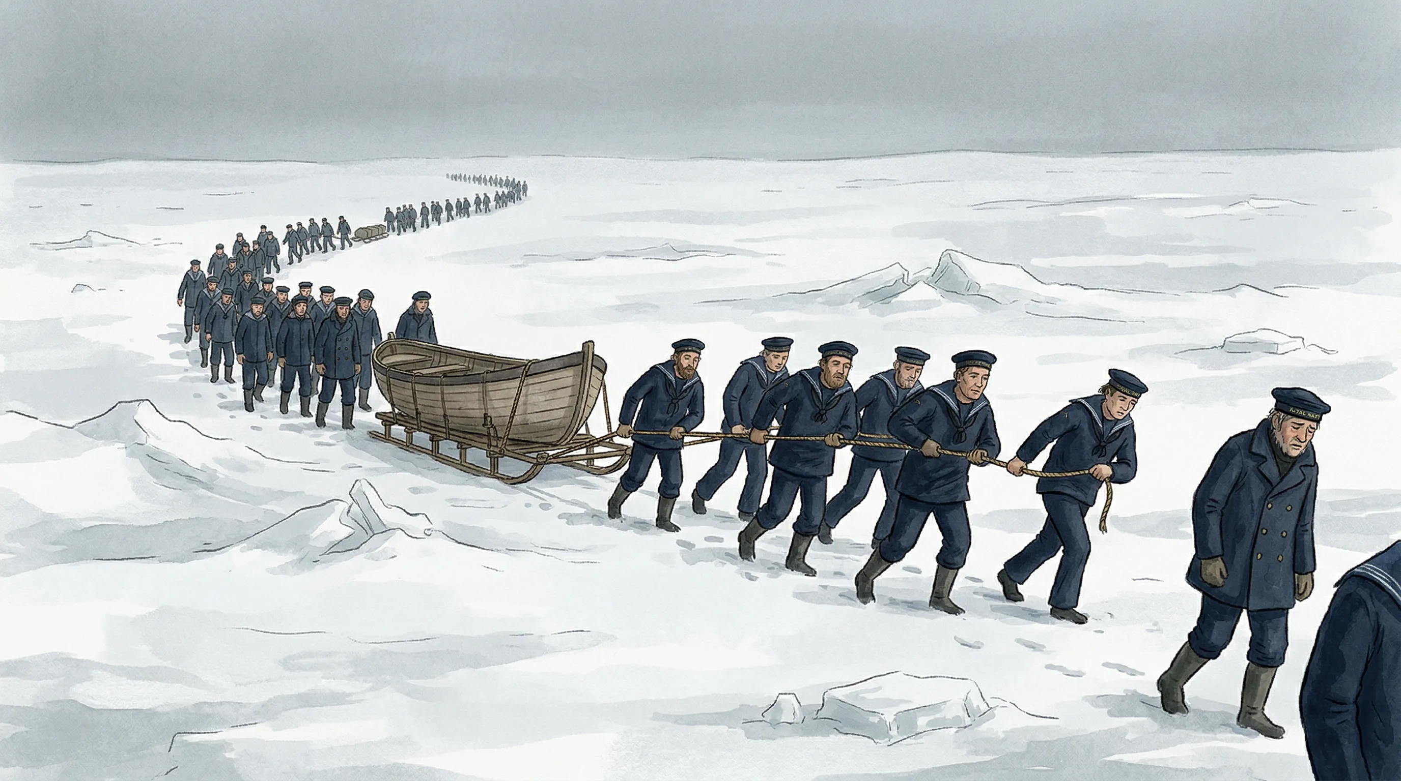 Exhausted men dragging a heavy sledge across a vast expanse of Arctic ice