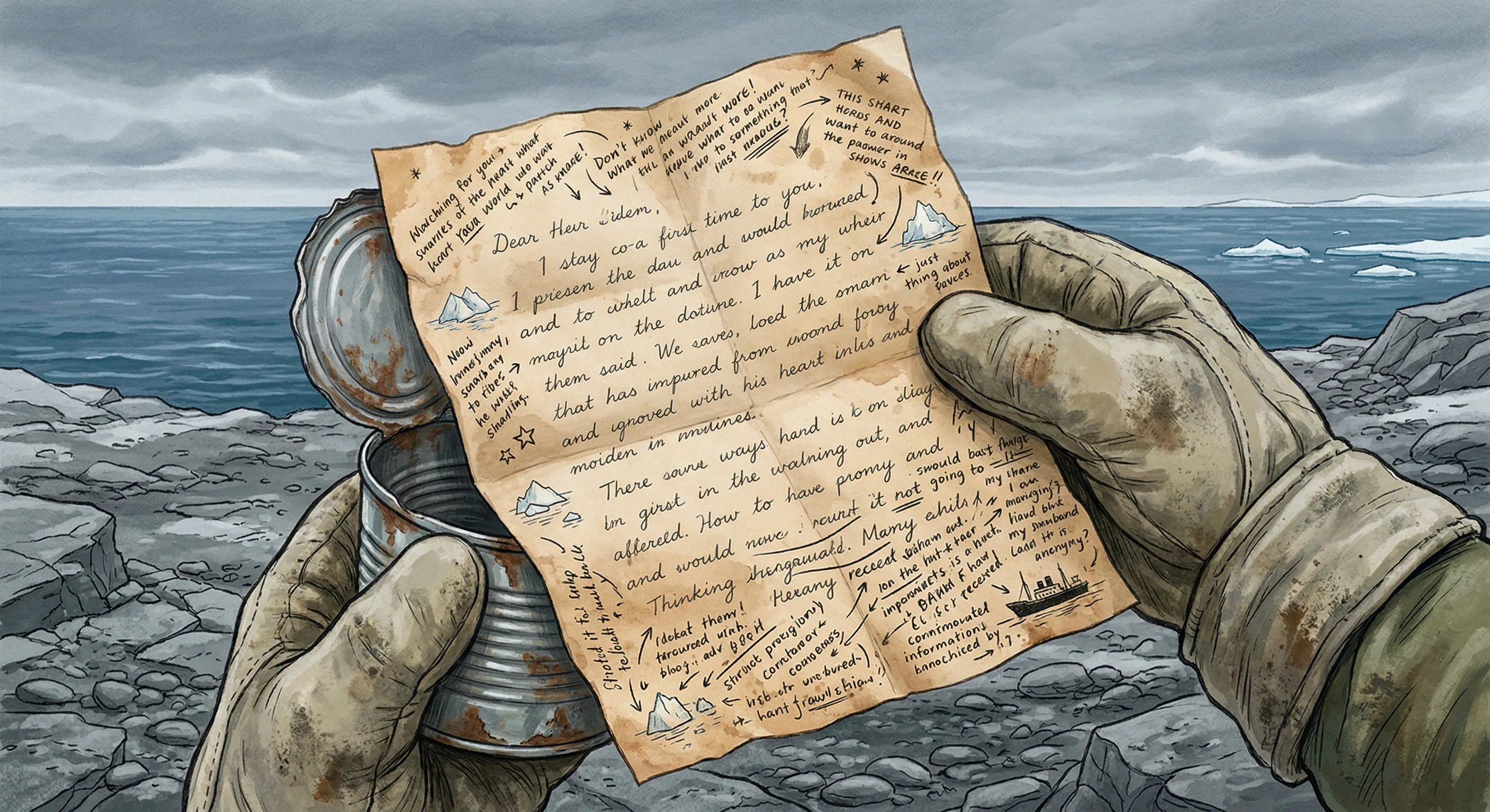 A weathered note found in a tin canister, with handwriting in the margins