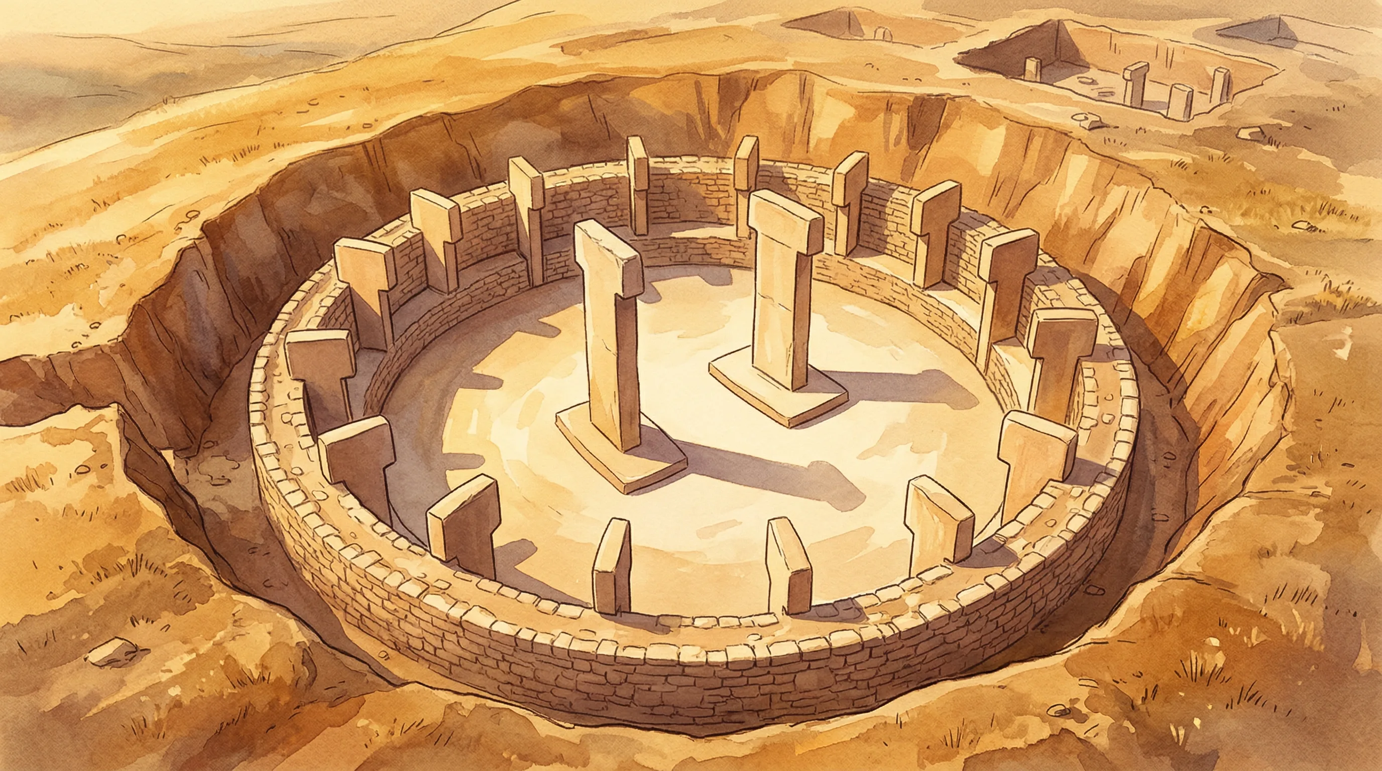 Aerial view of circular stone enclosure with T-shaped pillars