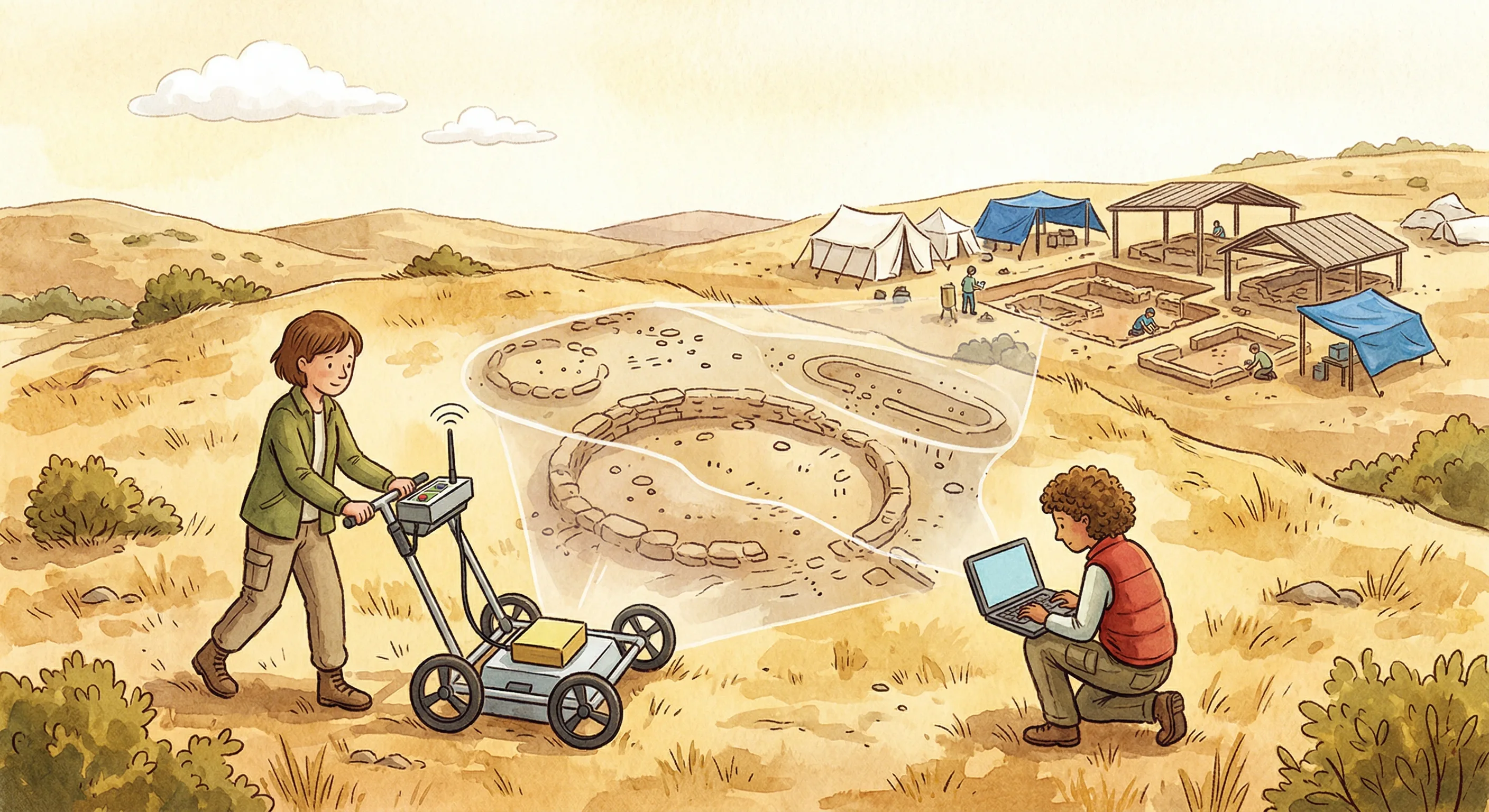 Archaeologists using ground-penetrating radar equipment on a hilltop