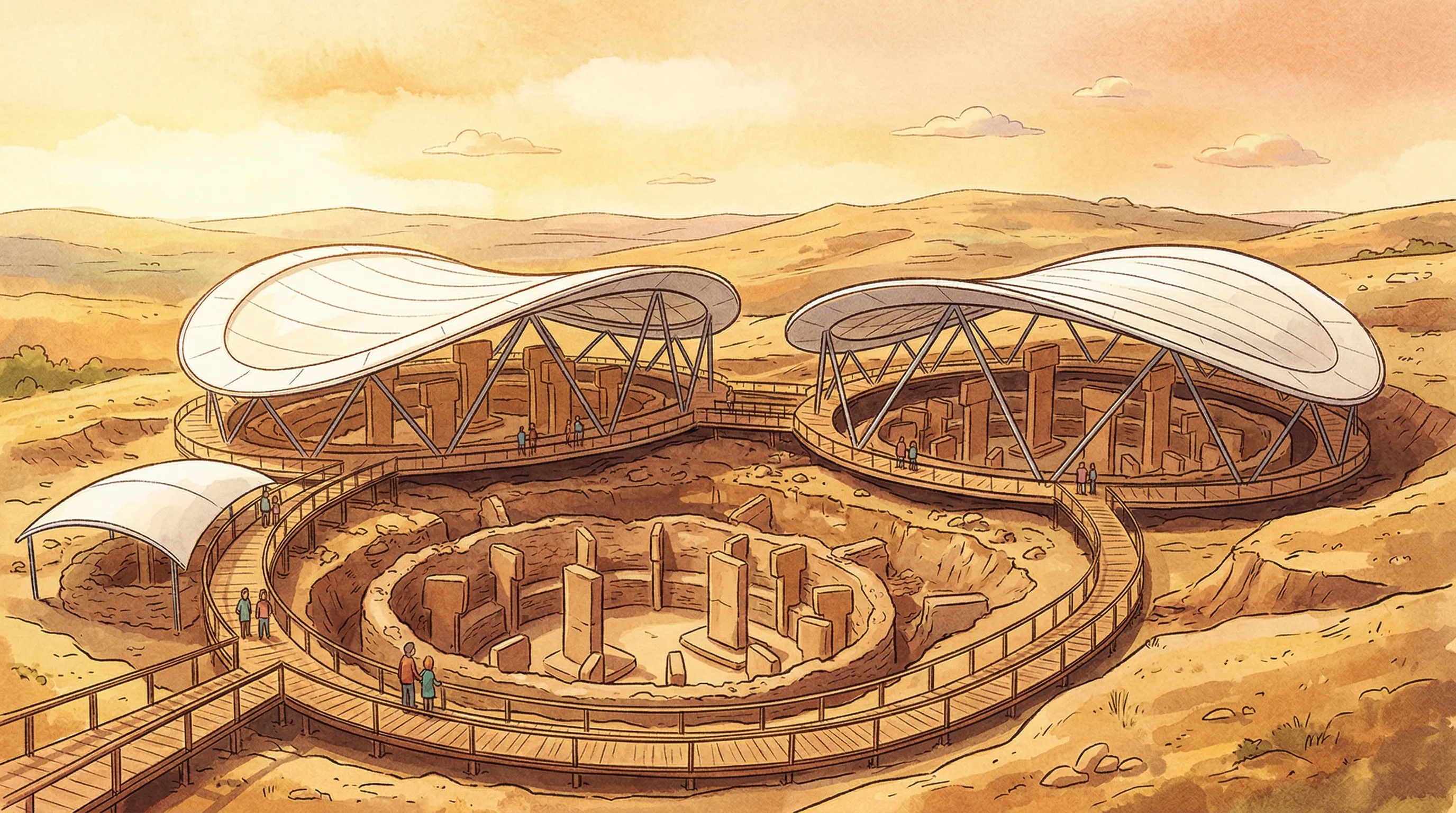 The Göbekli Tepe site today with protective shelters over excavated enclosures and T-shaped pillars visible beneath