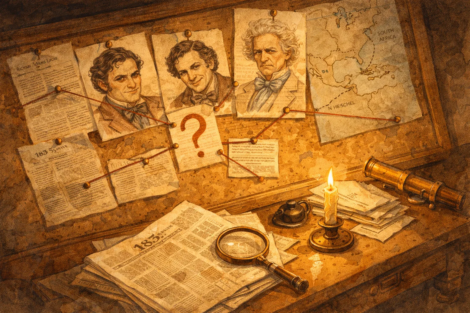 A detective's desk with 1835 newspaper articles pinned to a board, a magnifying glass, and notes about Locke and Day