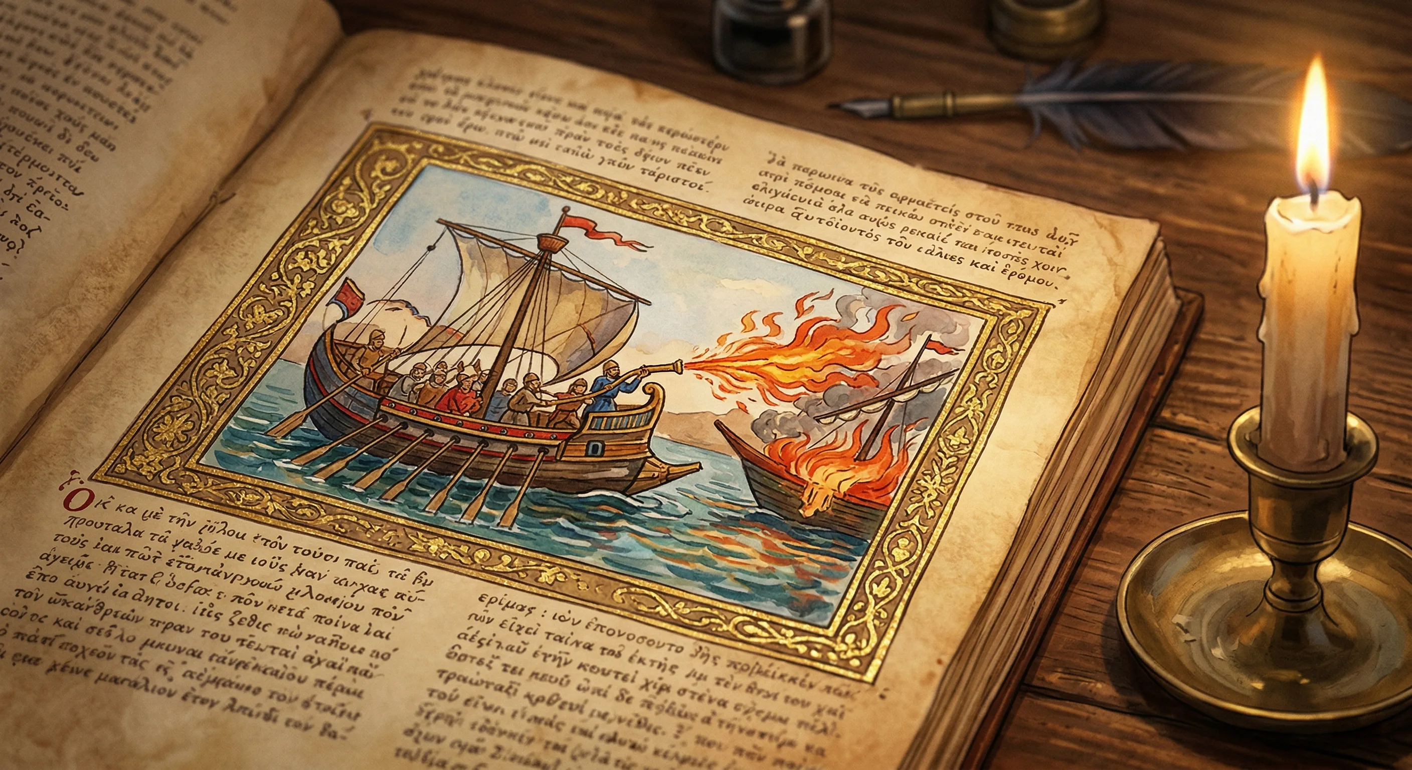 Medieval manuscript illustration of Byzantine ships using Greek fire against enemy fleet