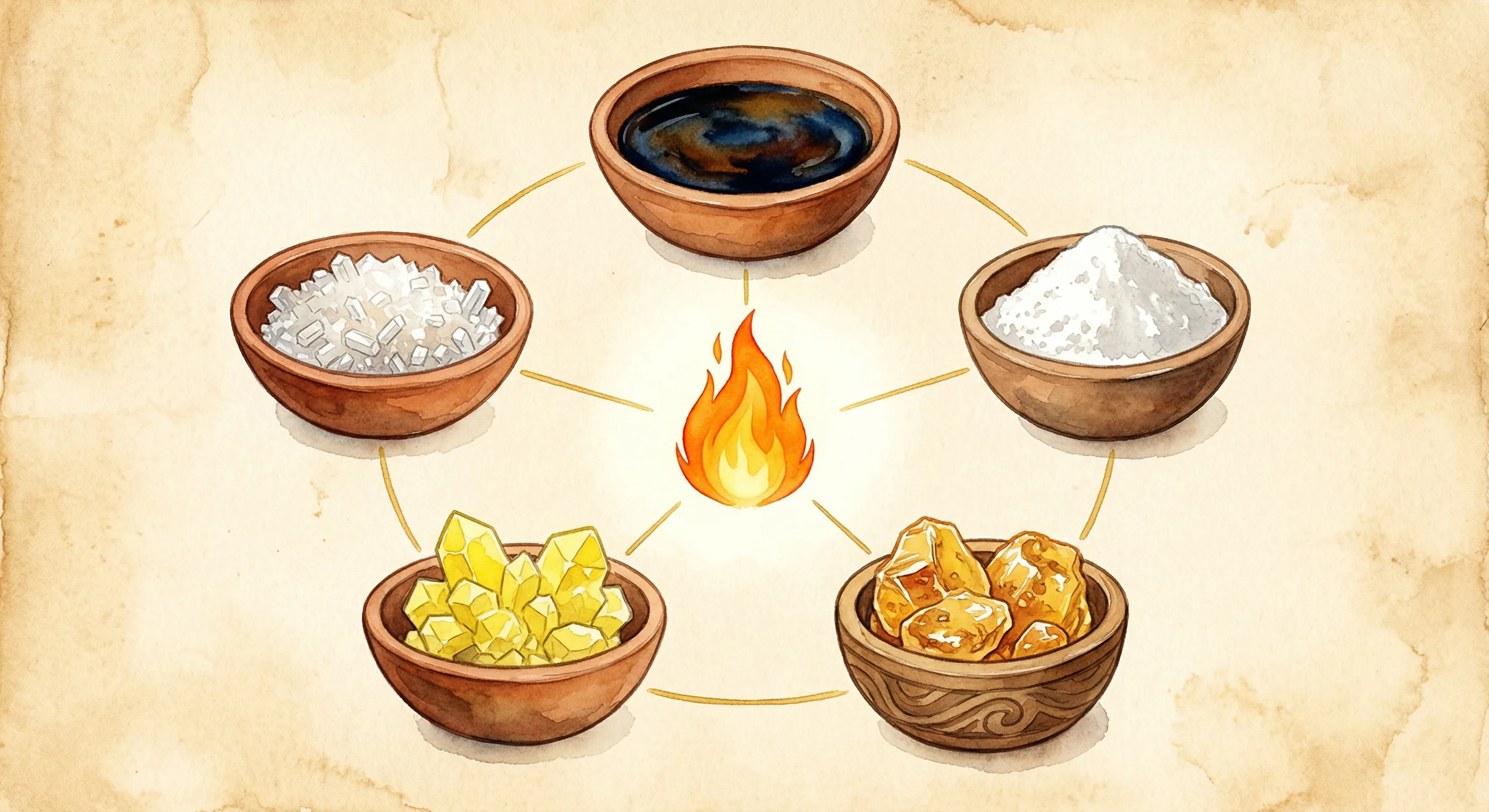 Illustrated diagram of five suspected Greek fire ingredients arranged around a central flame