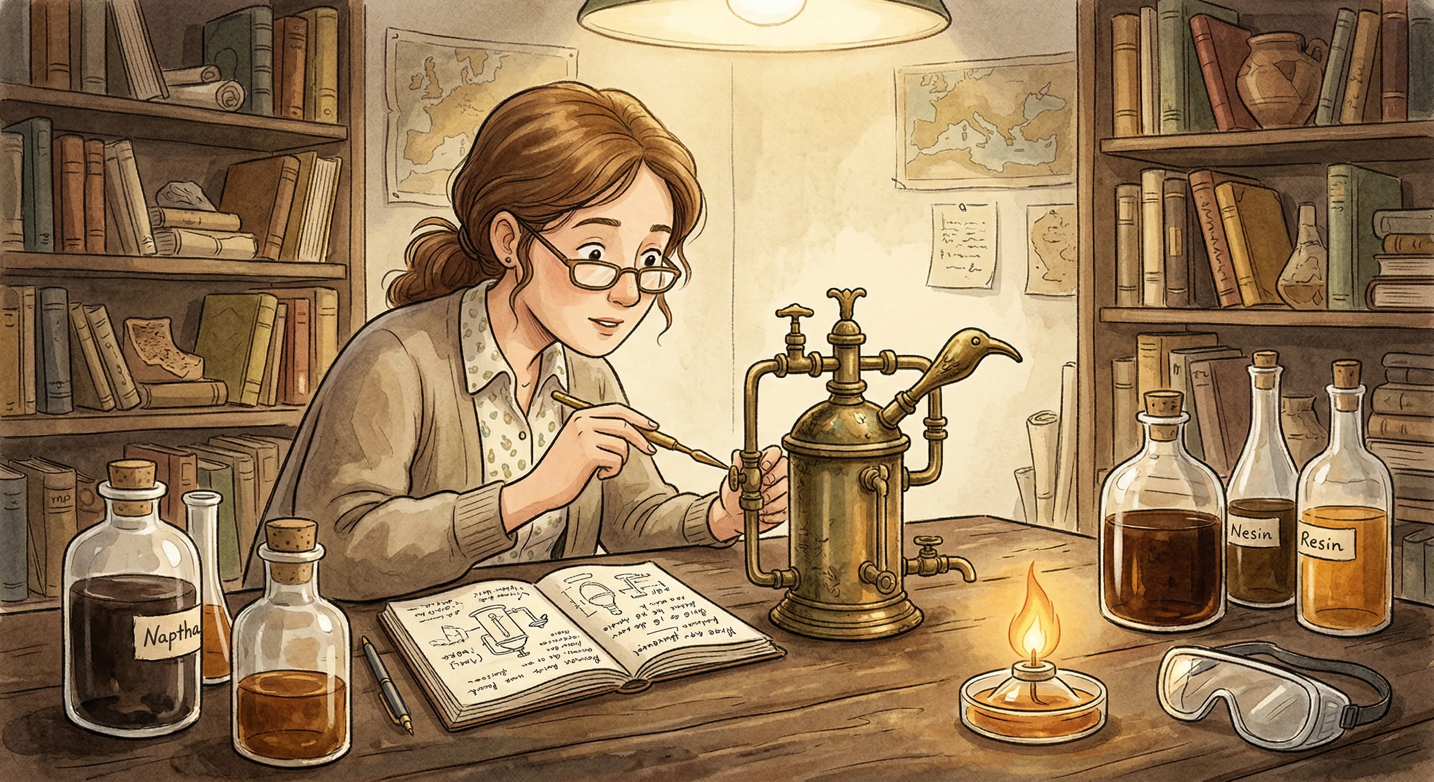 Modern scientist testing flaming liquid mixture in a laboratory setting