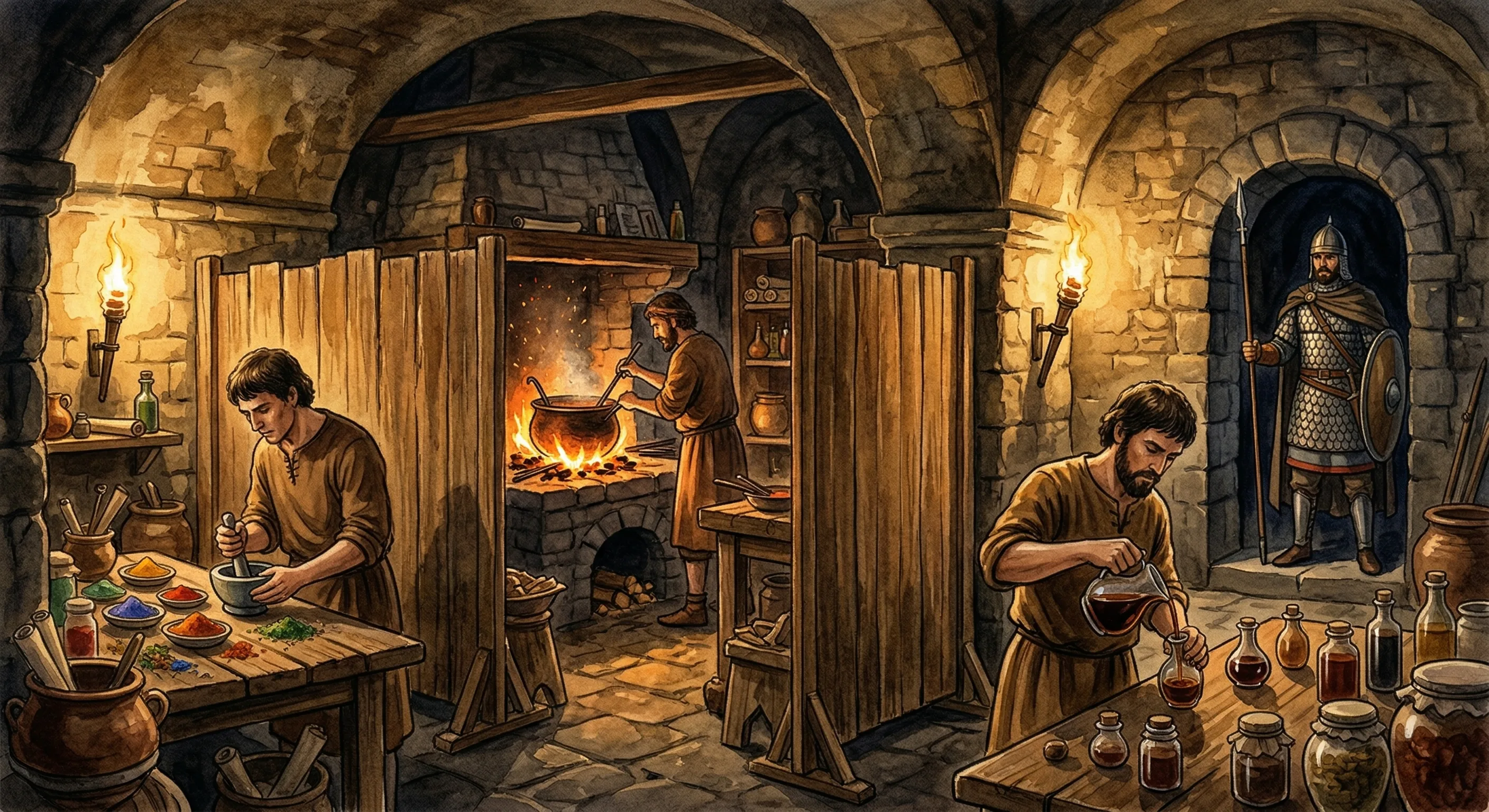 A secret workshop inside the Byzantine imperial palace where craftsmen mix substances under guard