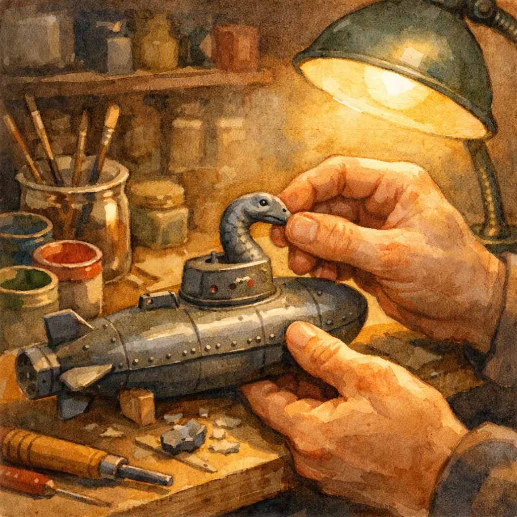 A sculpted head attached to a toy submarine