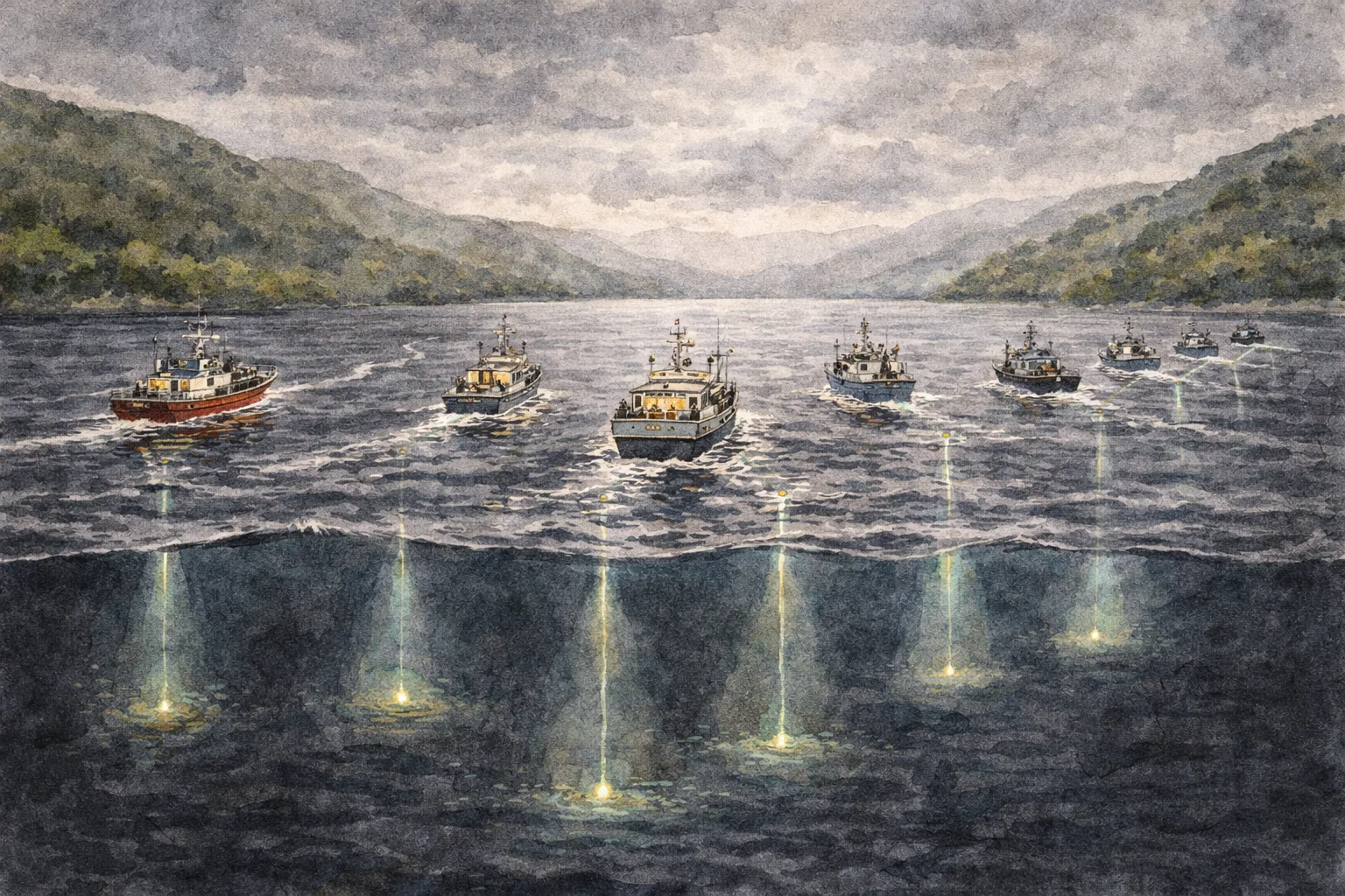 Sonar boats sweeping across Loch Ness in formation
