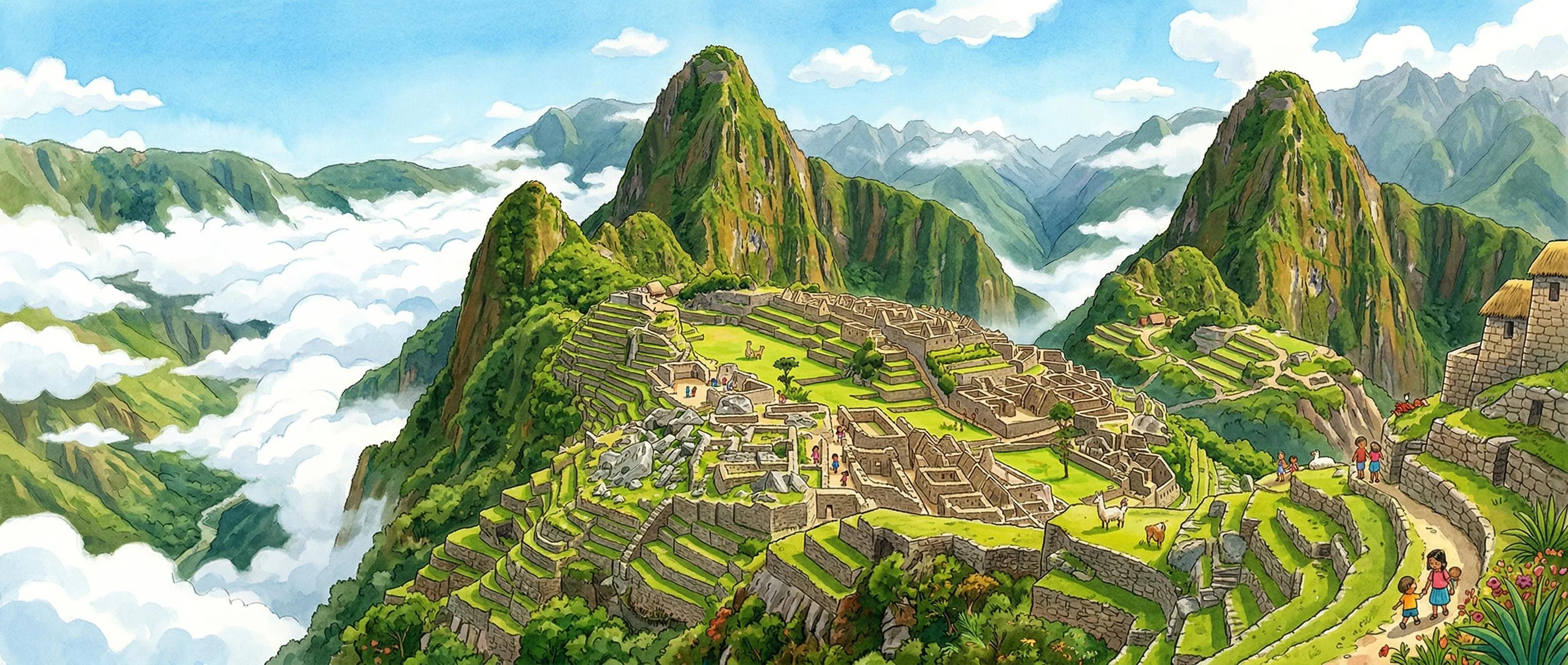Panoramic view of Machu Picchu's terraces and stone buildings