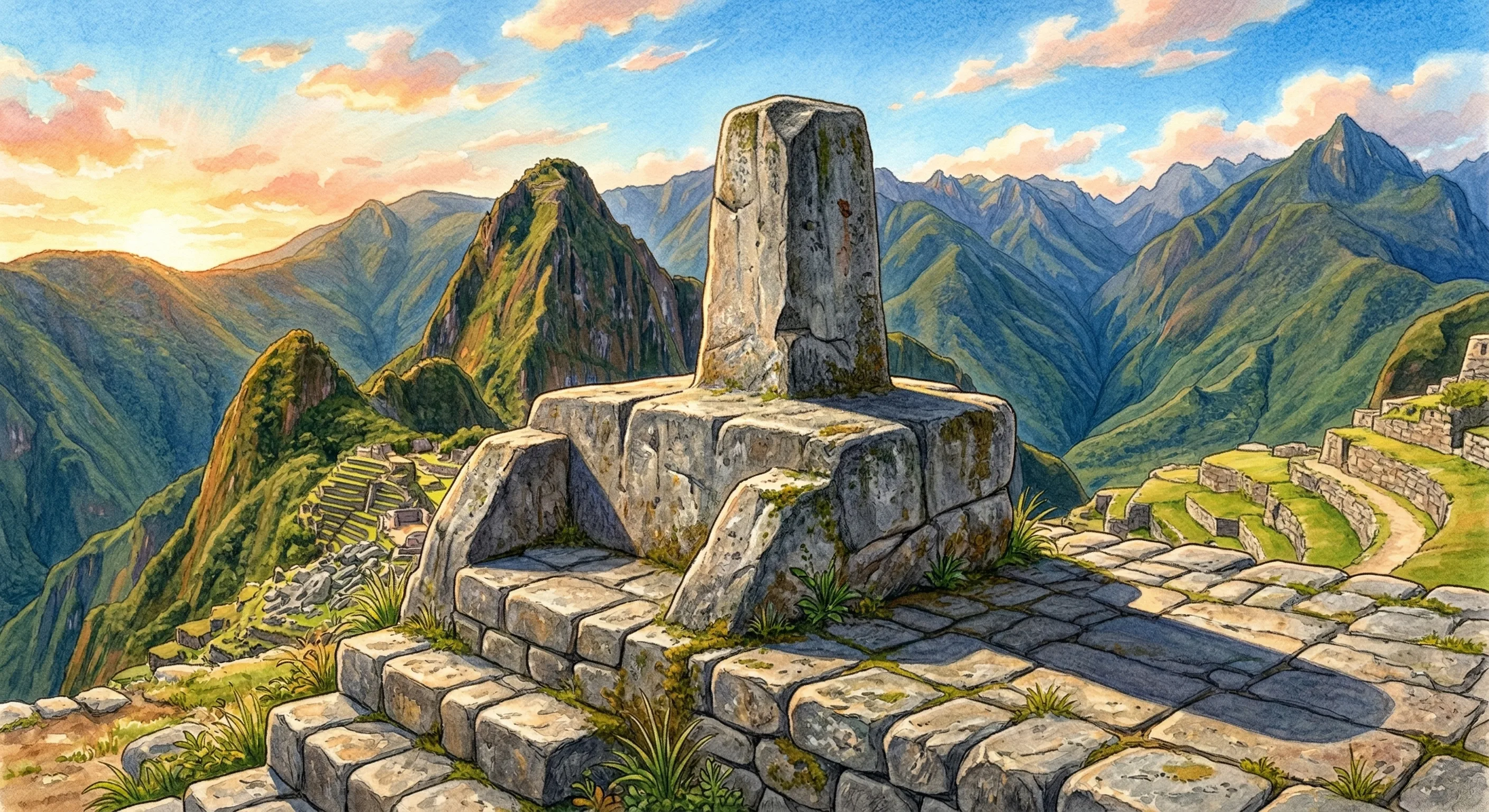 The Intihuatana stone, a carved granite pillar on a stepped platform