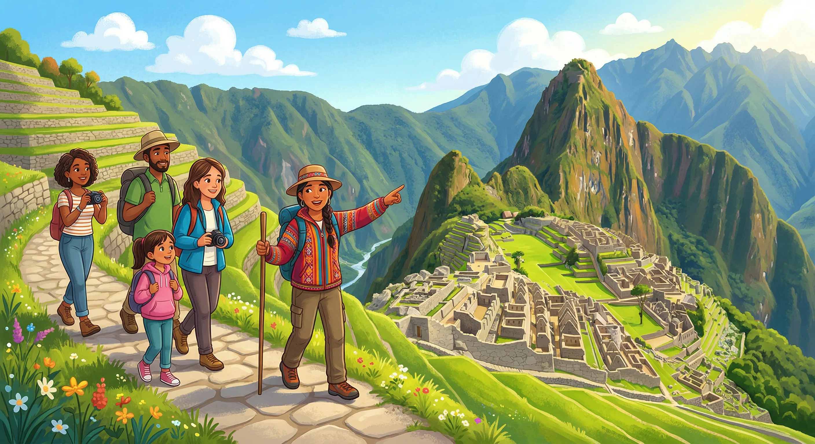 Modern visitors walking along the terraces of Machu Picchu with mountains behind